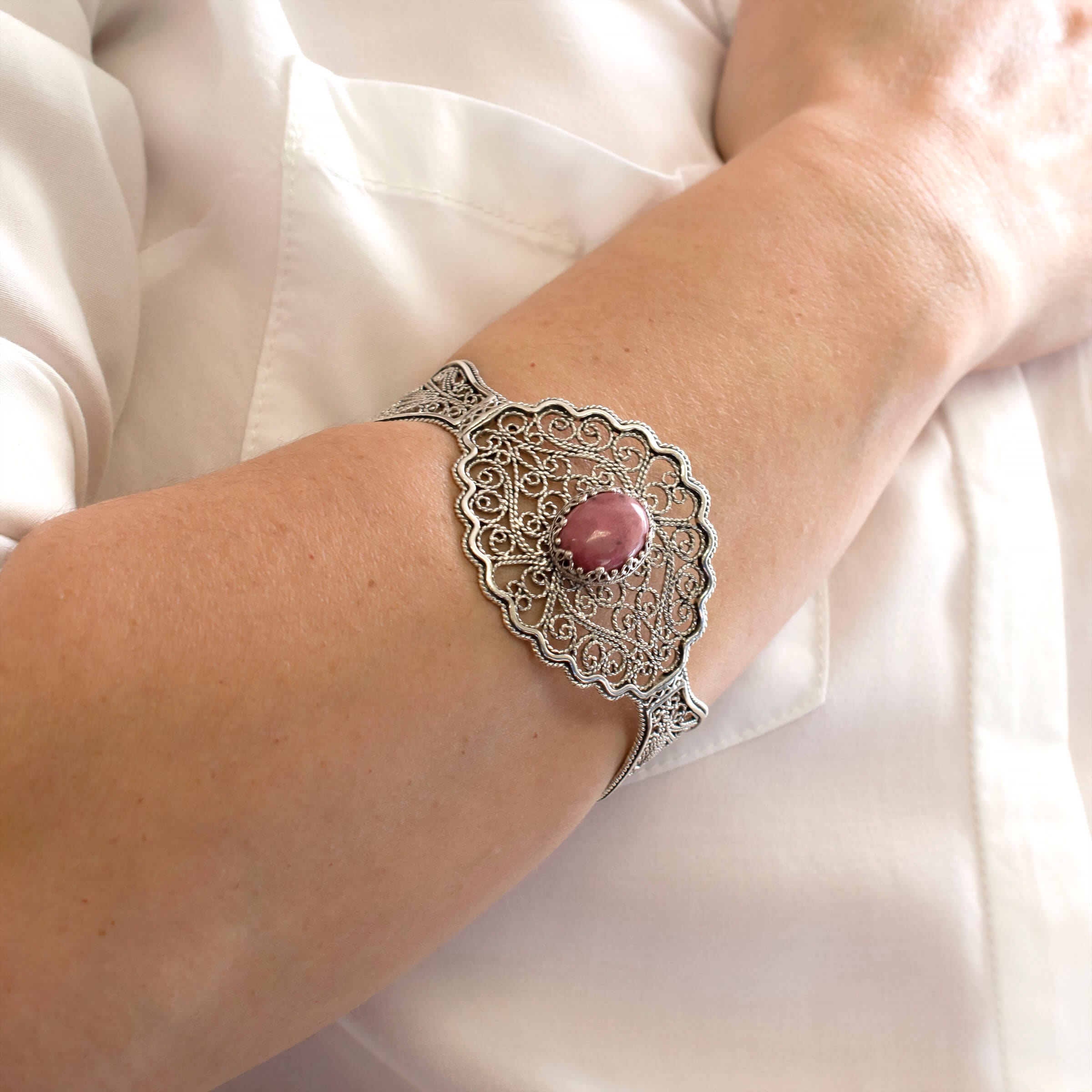 Filigree Art Rhodonite Gemstone Lace Detailed Women Silver Cuff