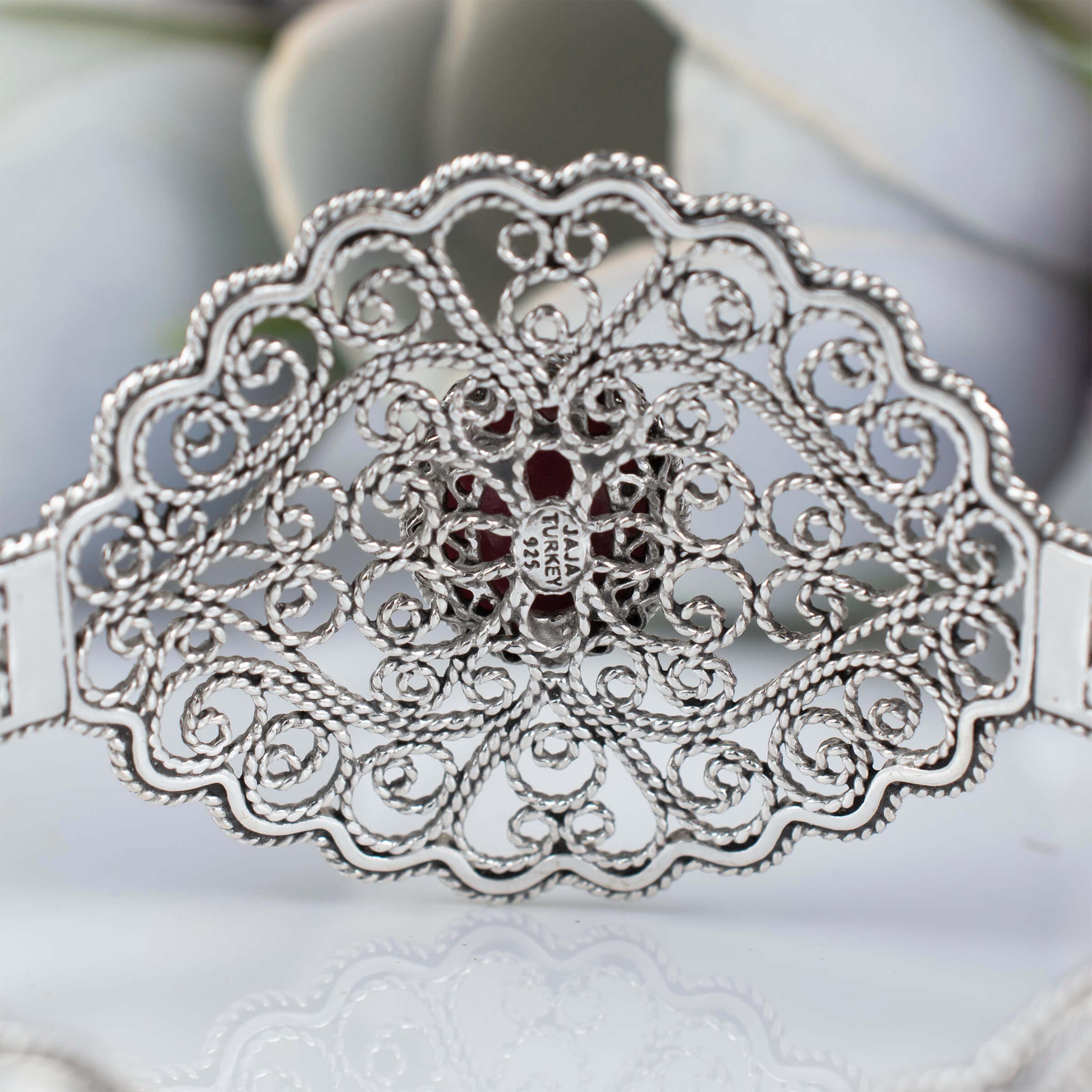 Filigree Art Rhodonite Gemstone Lace Detailed Women Silver Cuff