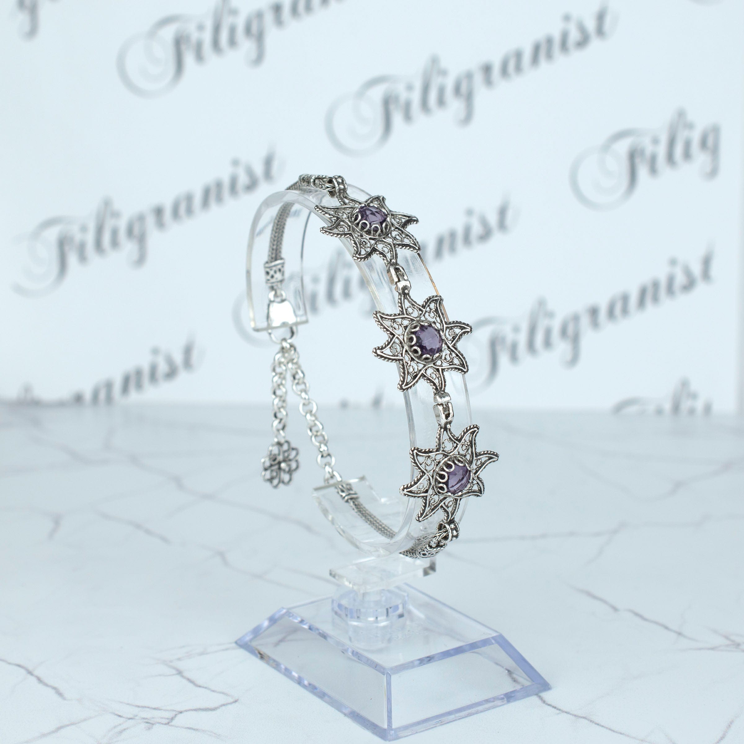 Filigree Art Amethyst Gemstone Star Figured Women Silver Link Bracelet