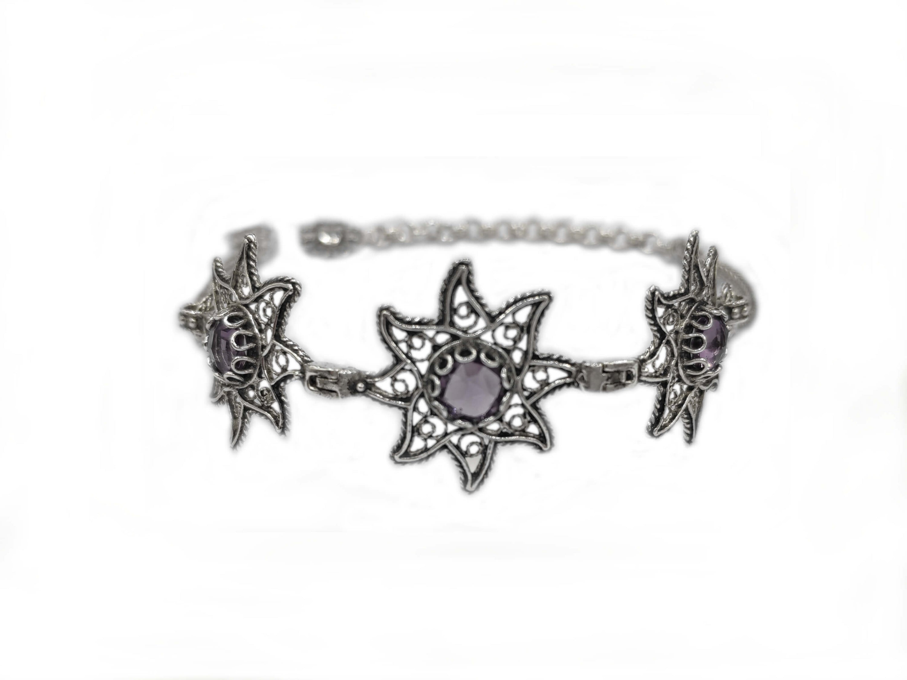 Filigree Art Amethyst Gemstone Star Figured Women Silver Link Bracelet