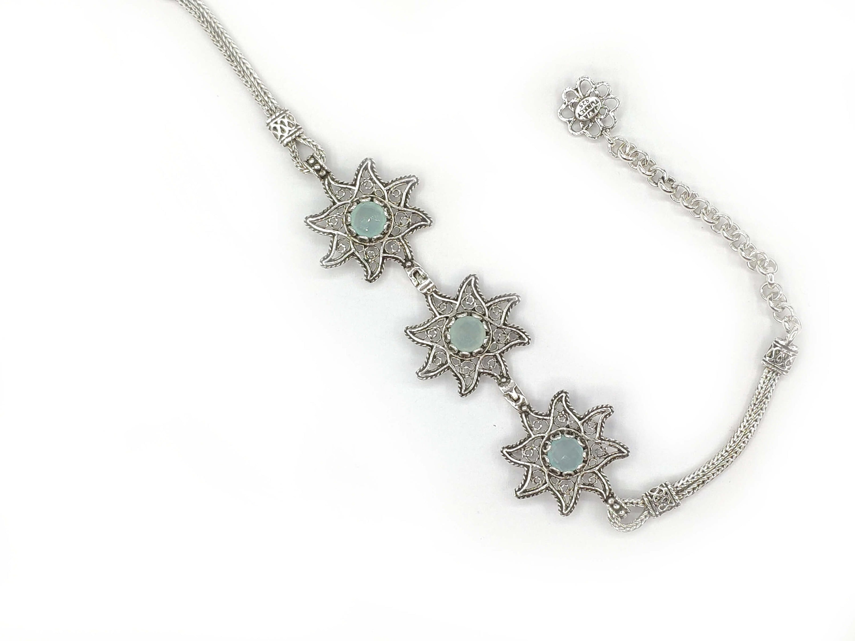 Filigree Art Aqua Chalcedony Gemstone Star Figured Women Silver Link