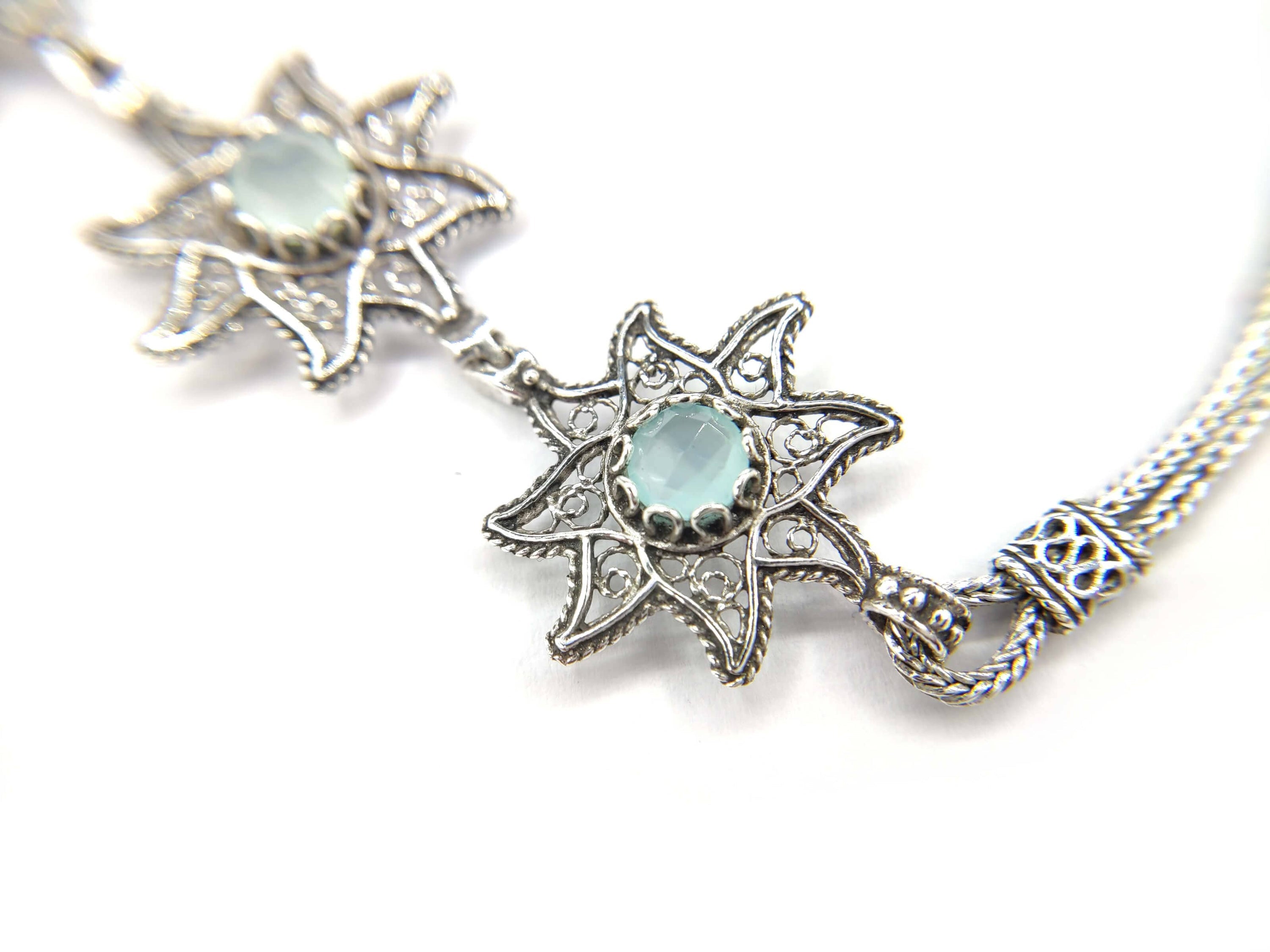 Filigree Art Aqua Chalcedony Gemstone Star Figured Women Silver Link