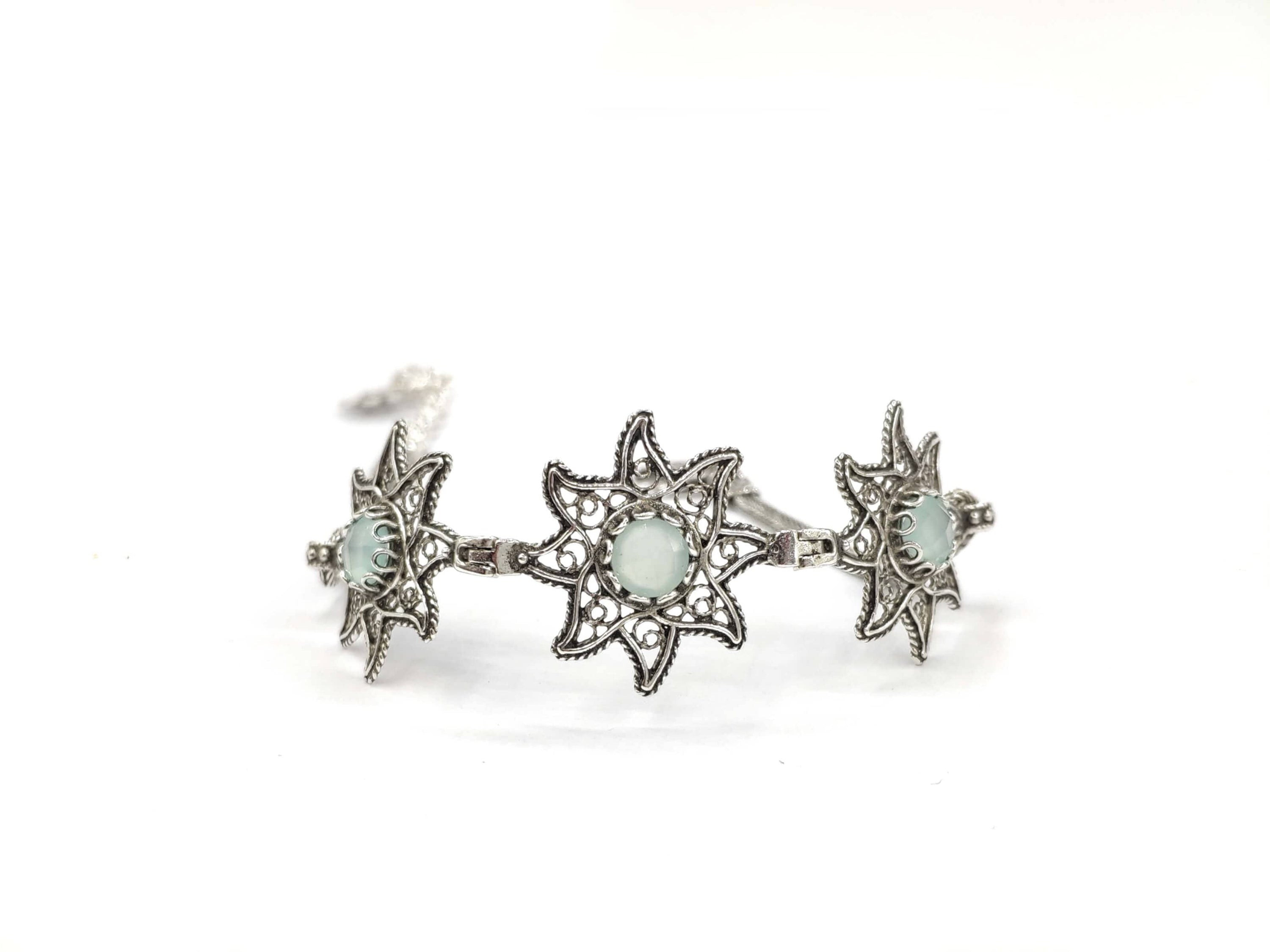 Filigree Art Aqua Chalcedony Gemstone Star Figured Women Silver Link