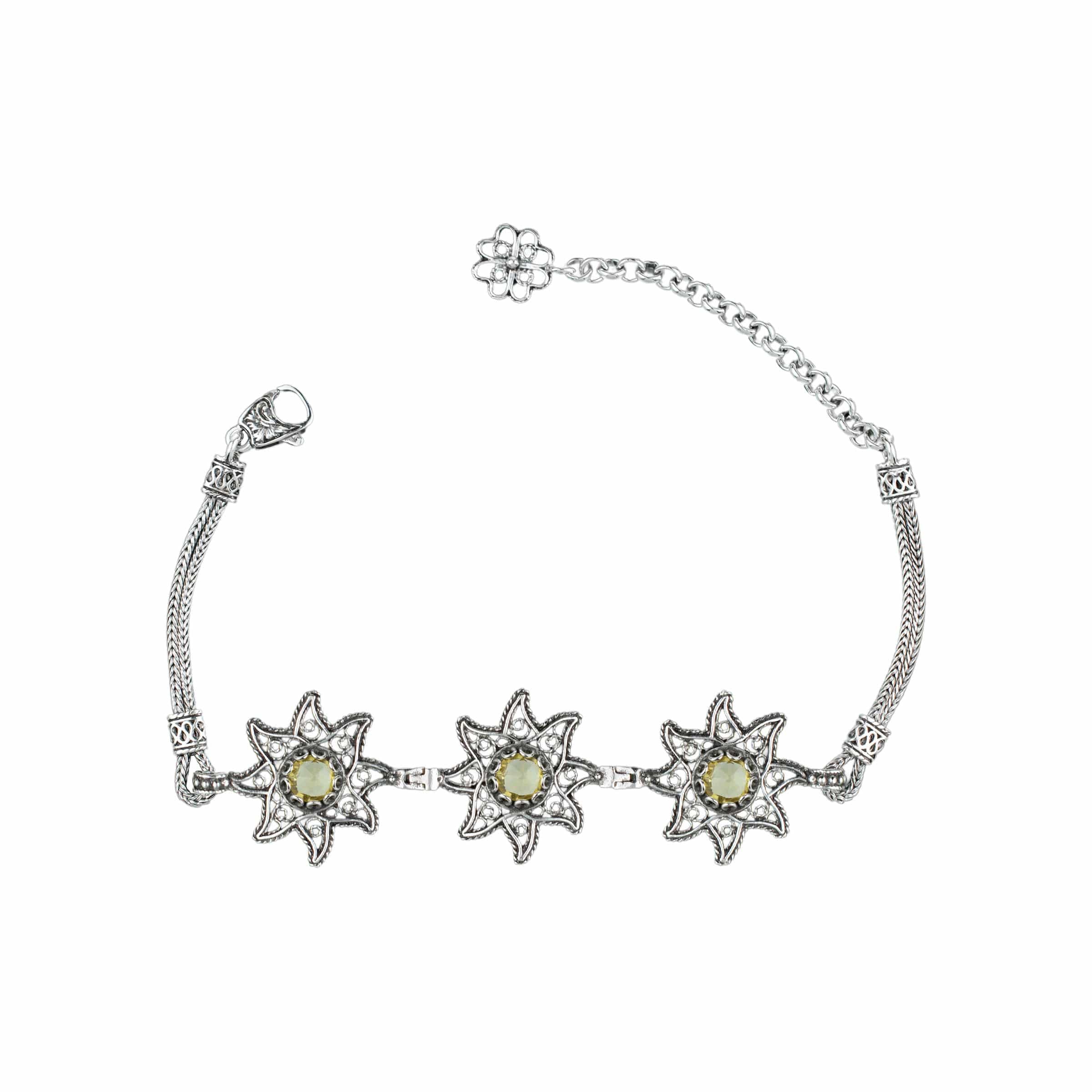 Filigree Art Citrine Gemstone Star Figured Women Silver Link Bracelet