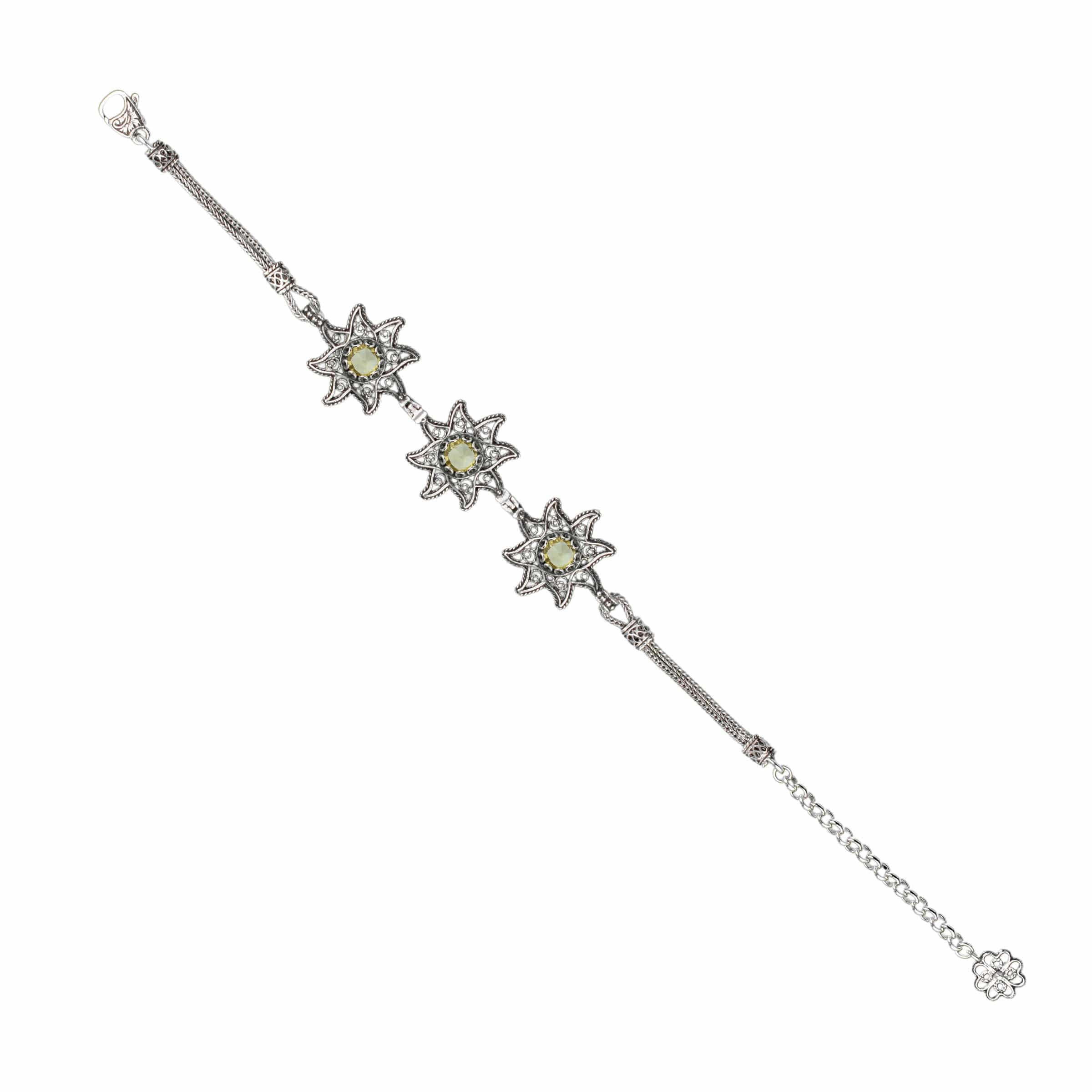 Filigree Art Citrine Gemstone Star Figured Women Silver Link Bracelet