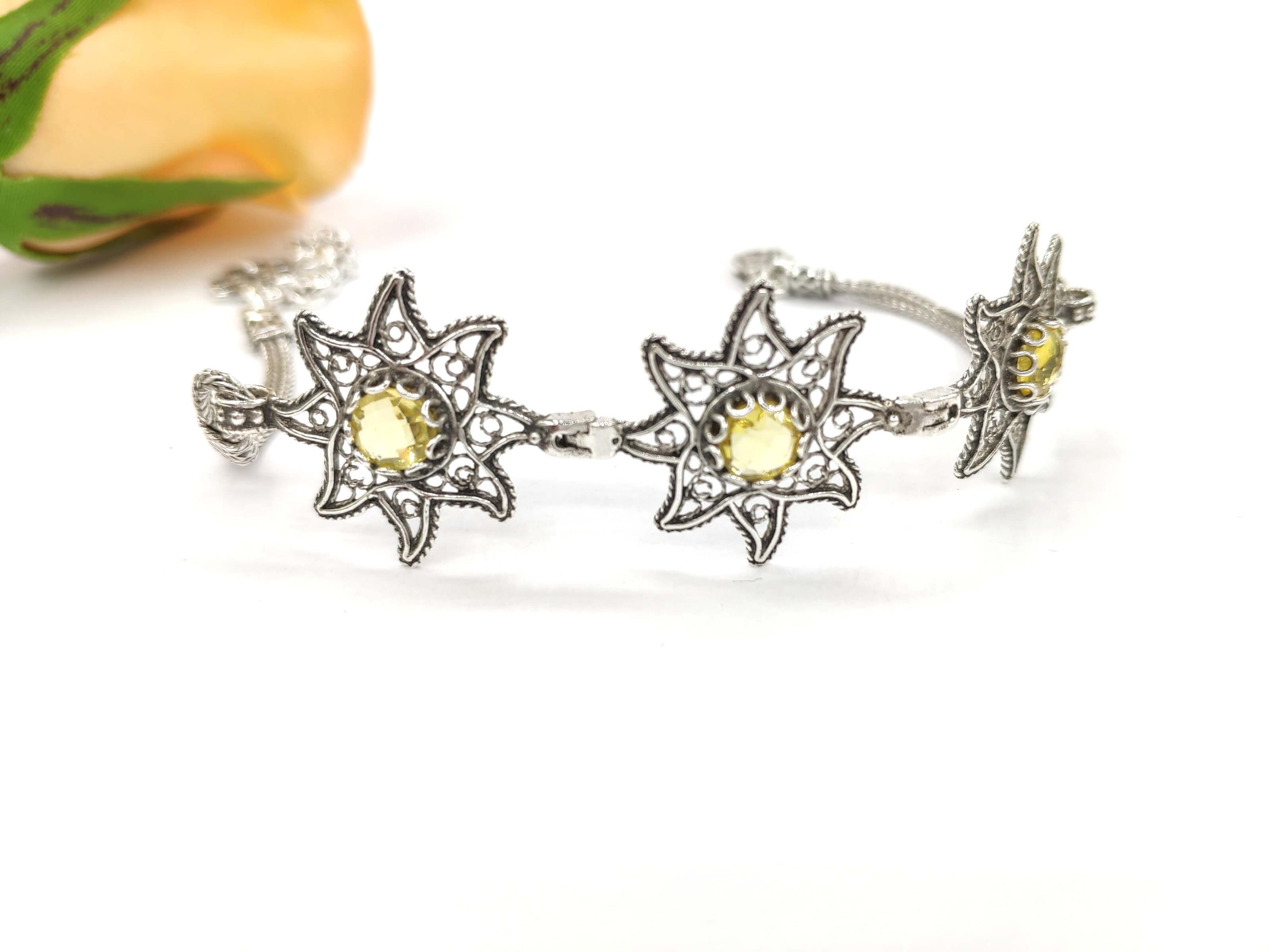 Filigree Art Citrine Gemstone Star Figured Women Silver Link Bracelet