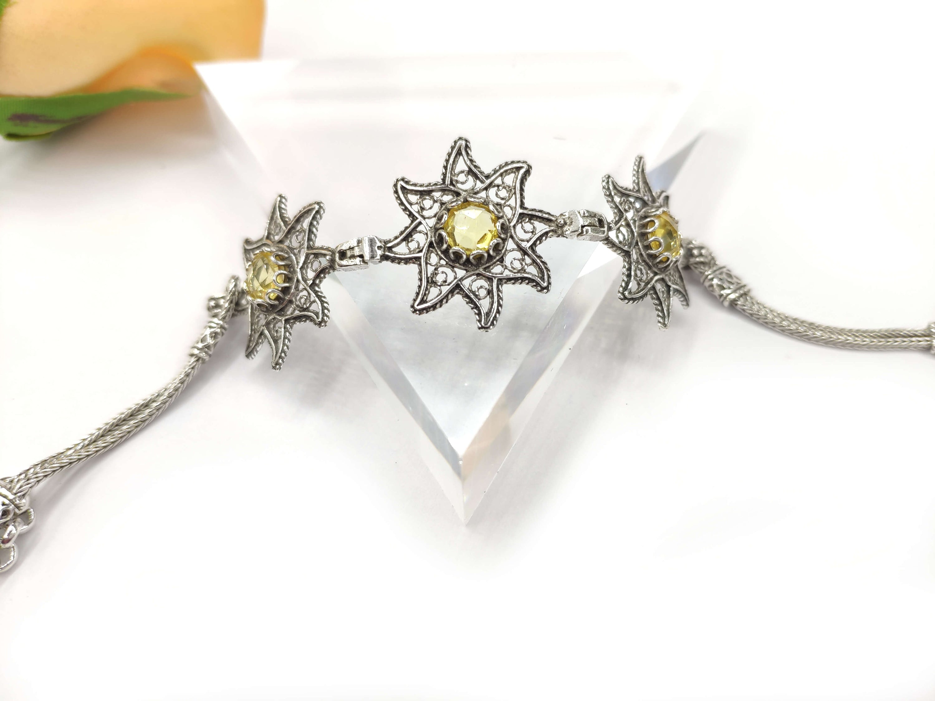 Filigree Art Citrine Gemstone Star Figured Women Silver Link Bracelet