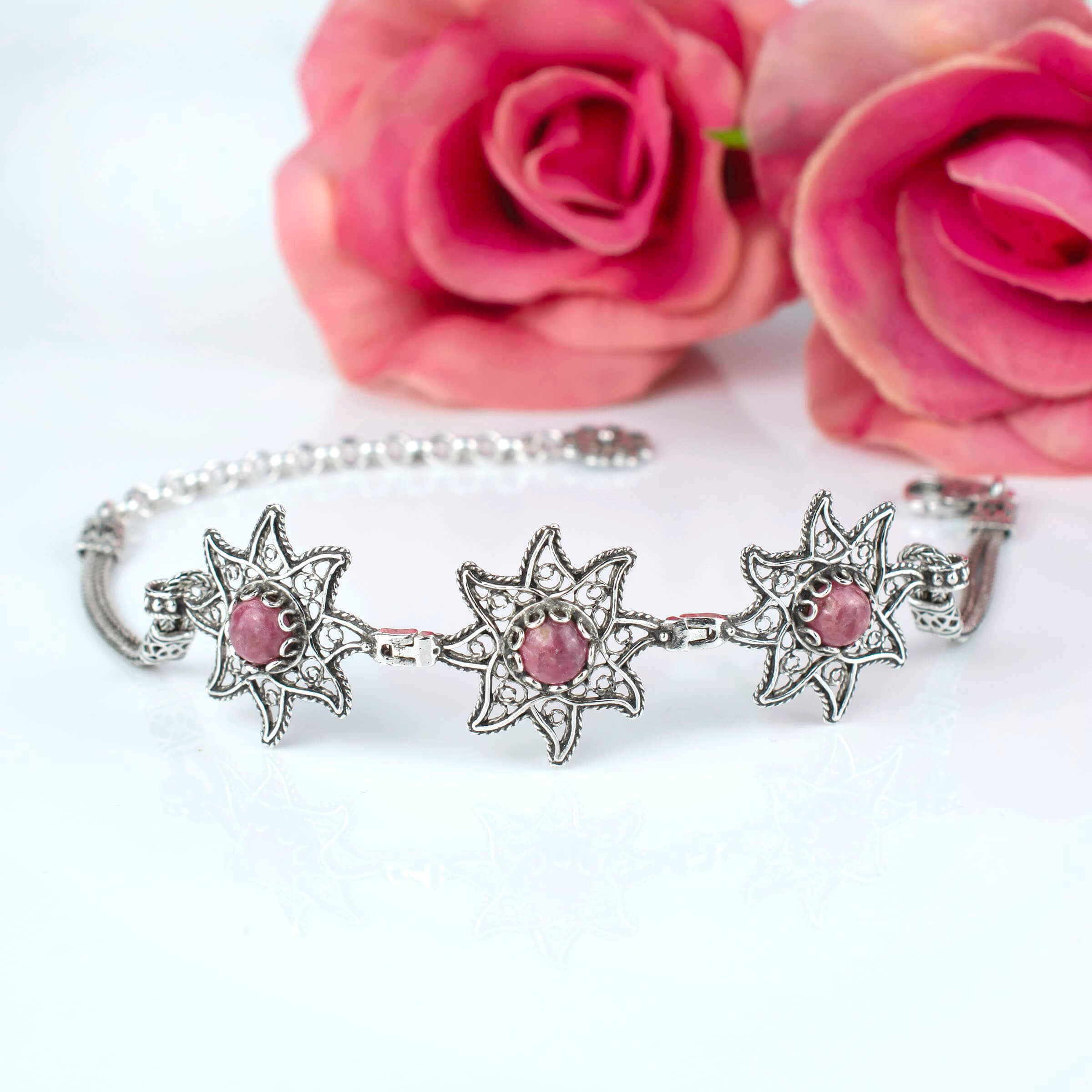 Filigree Art Rhodonite Gemstone Star Figured Women Silver Link