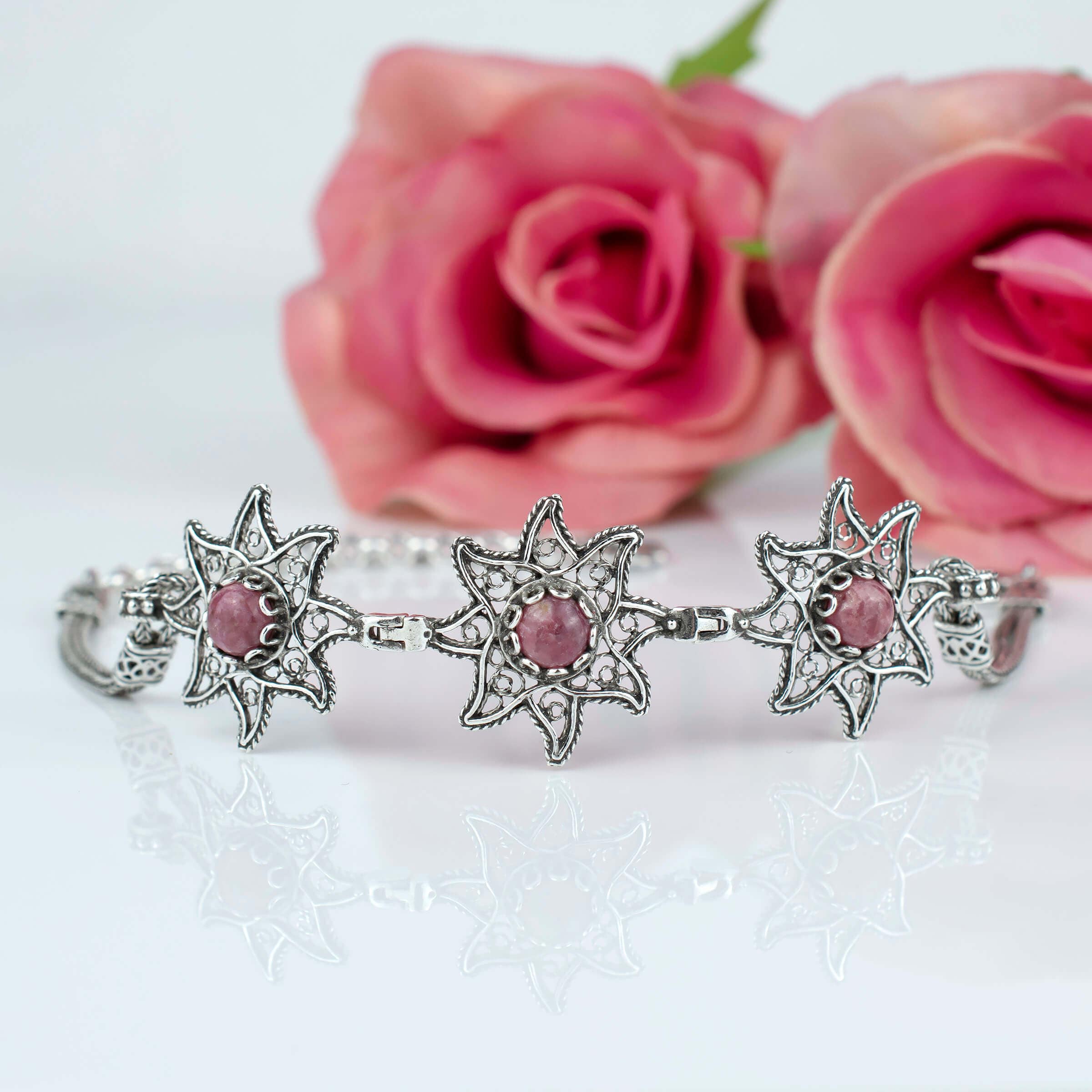 Filigree Art Rhodonite Gemstone Star Figured Women Silver Link