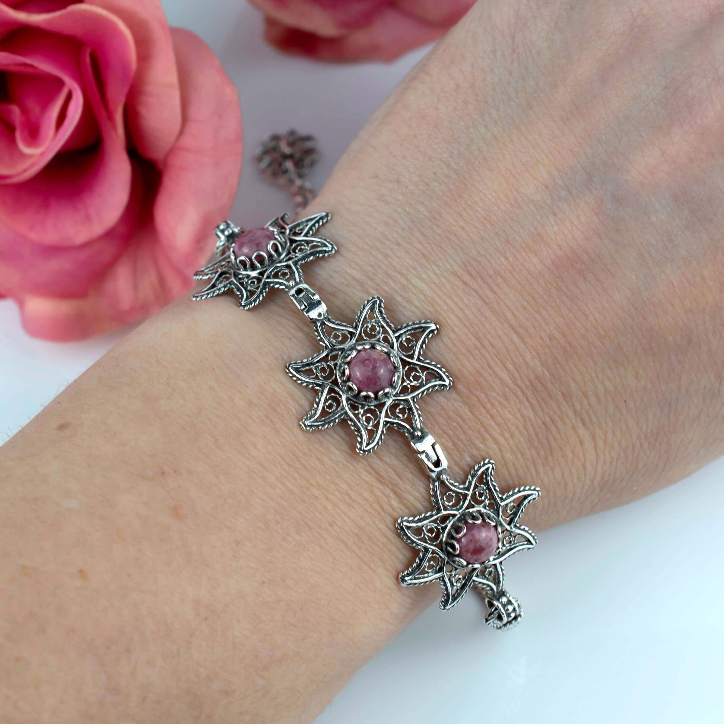 Filigree Art Rhodonite Gemstone Star Figured Women Silver Link