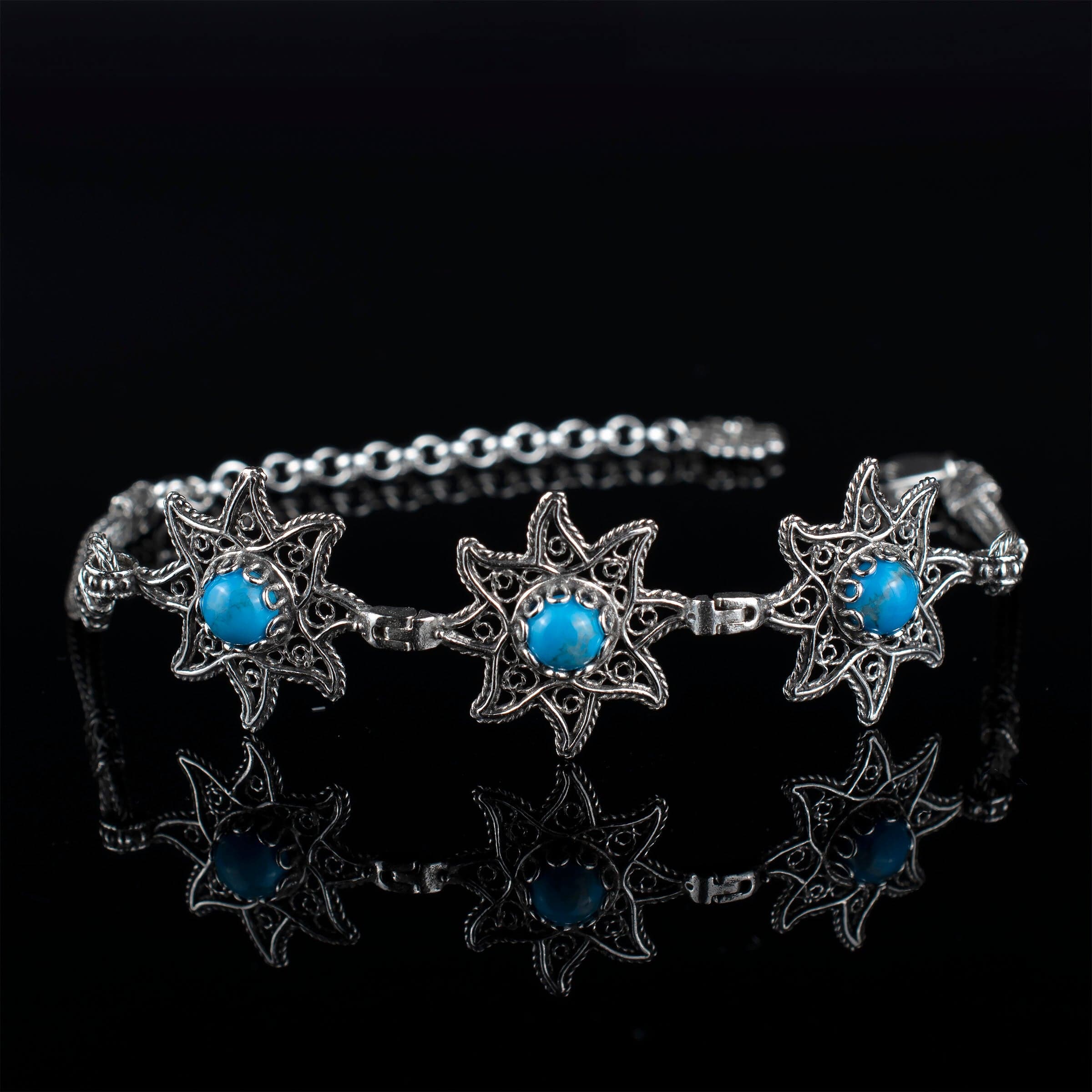 Filigree Art Turquoise Gemstone Star Figured Women Silver Link