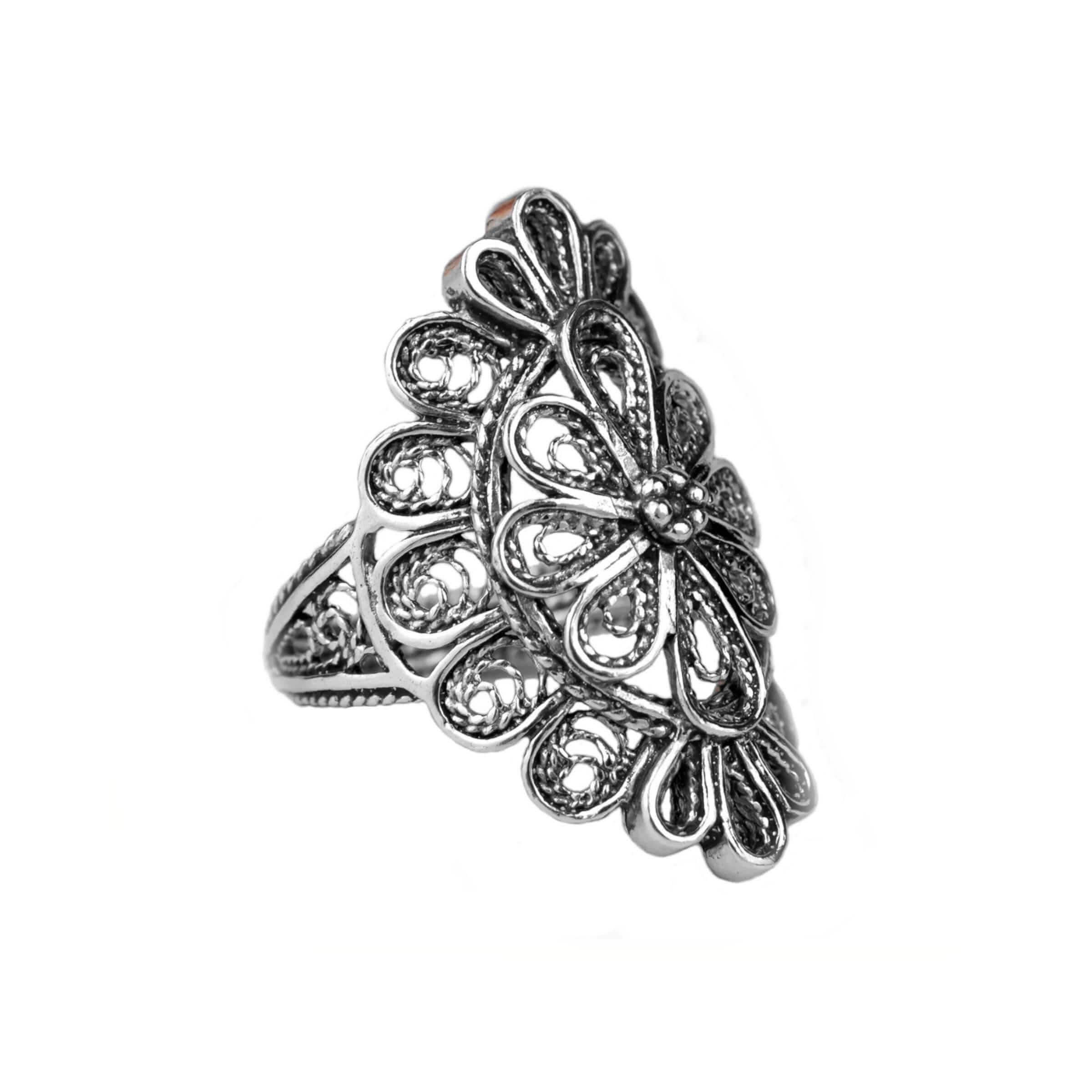 Filigree Art Lace Detailed Women Long Statement Silver Ring