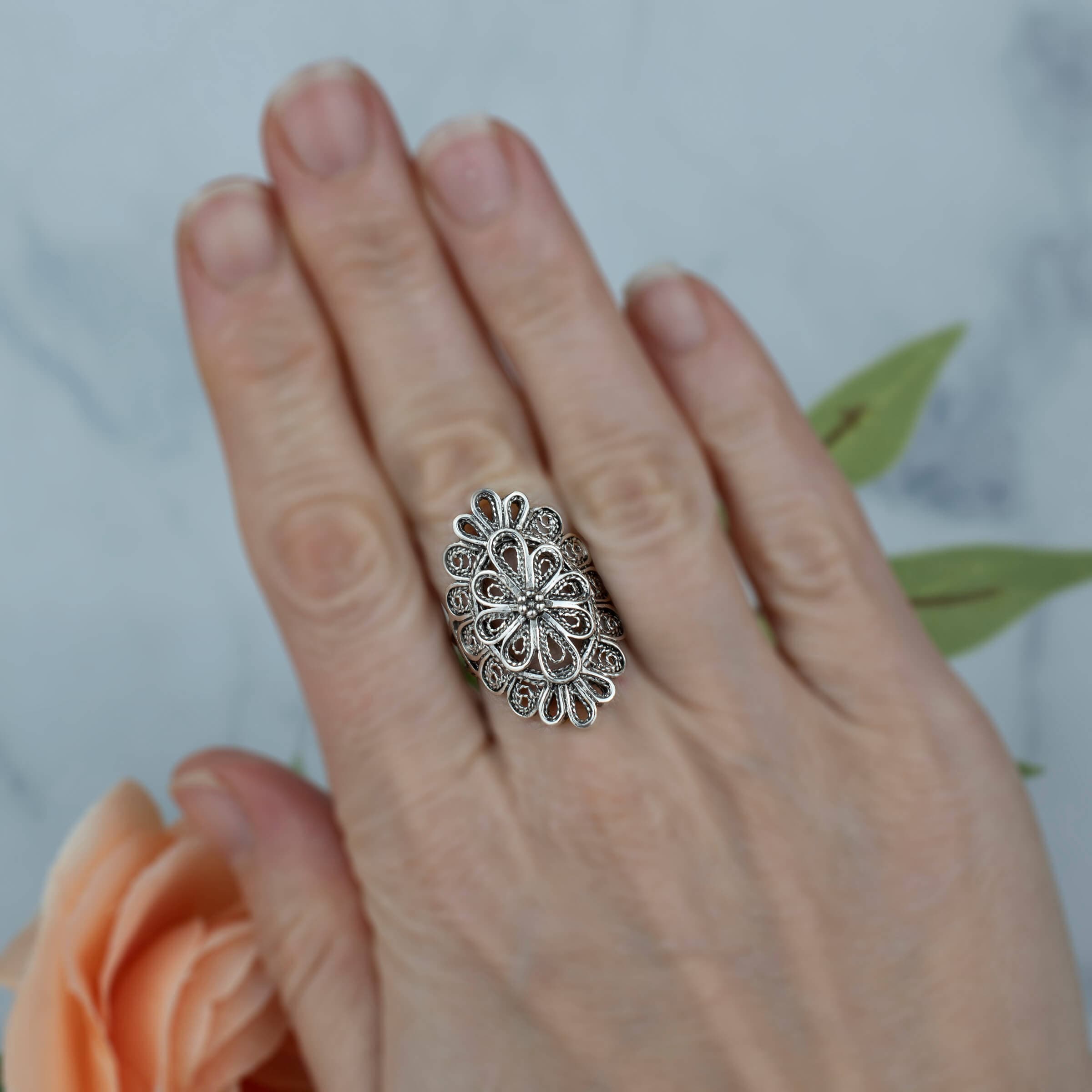 Filigree Art Lace Detailed Women Long Statement Silver Ring