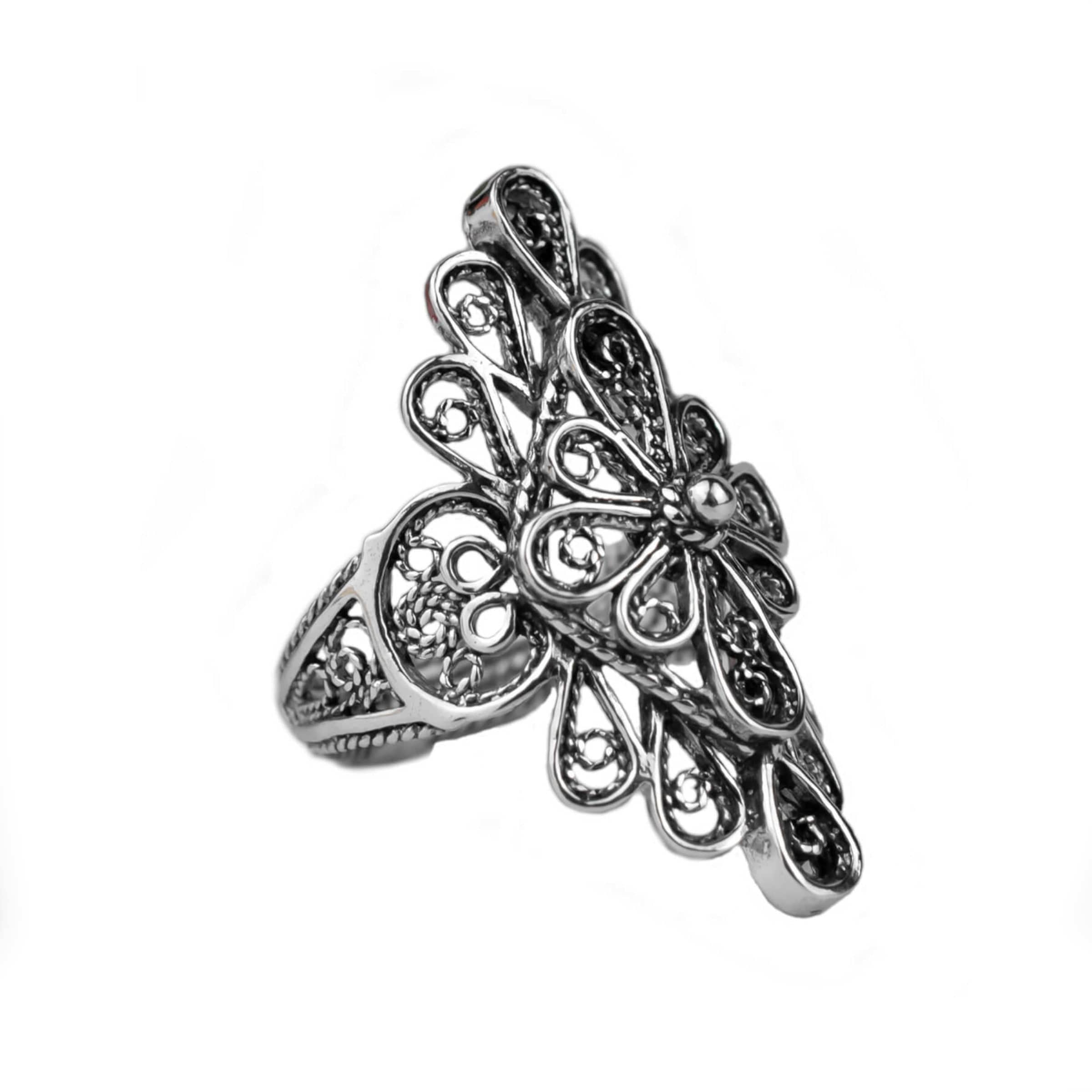 Filigree Art Lace Embroidery Women Silver Statement Ring