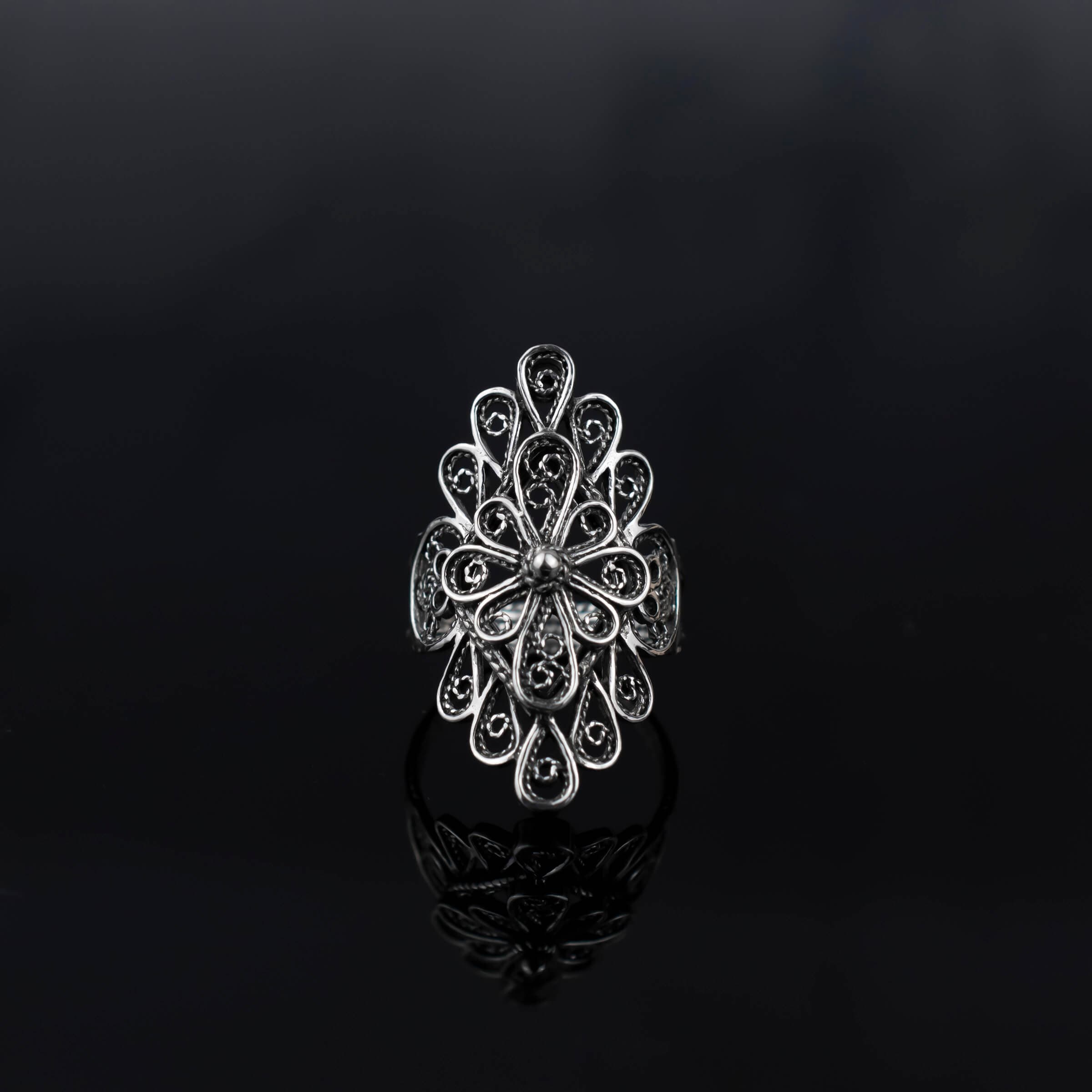 Filigree Art Lace Embroidery Women Silver Statement Ring