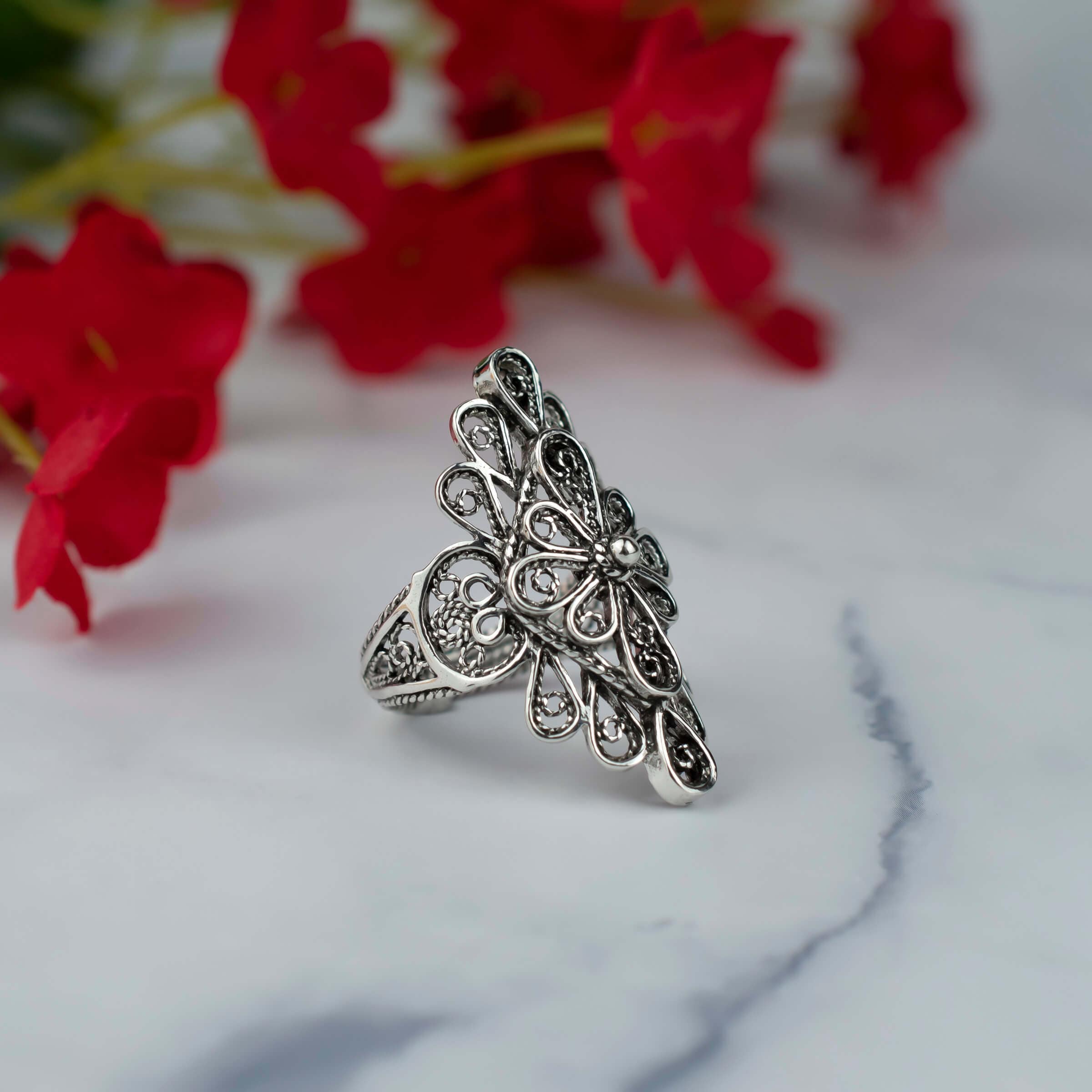 Filigree Art Lace Embroidery Women Silver Statement Ring