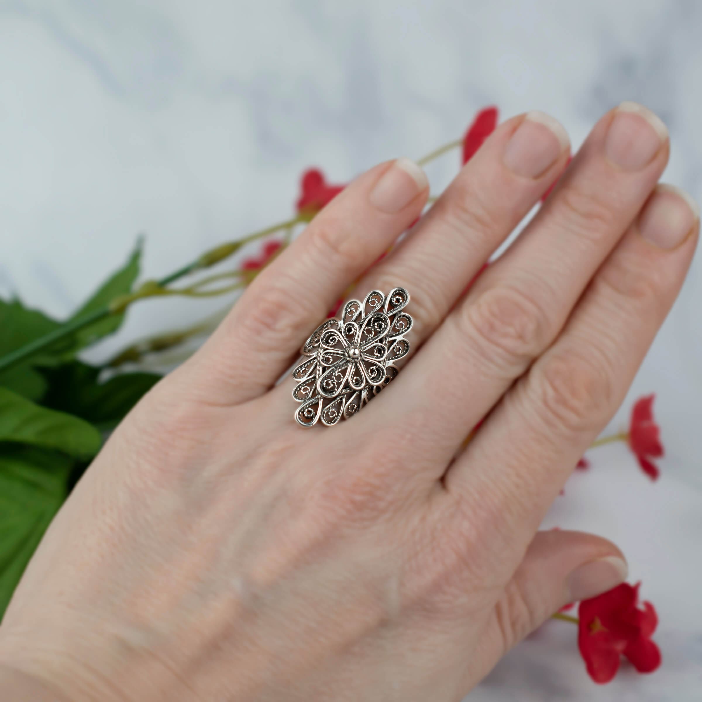 Filigree Art Lace Embroidery Women Silver Statement Ring