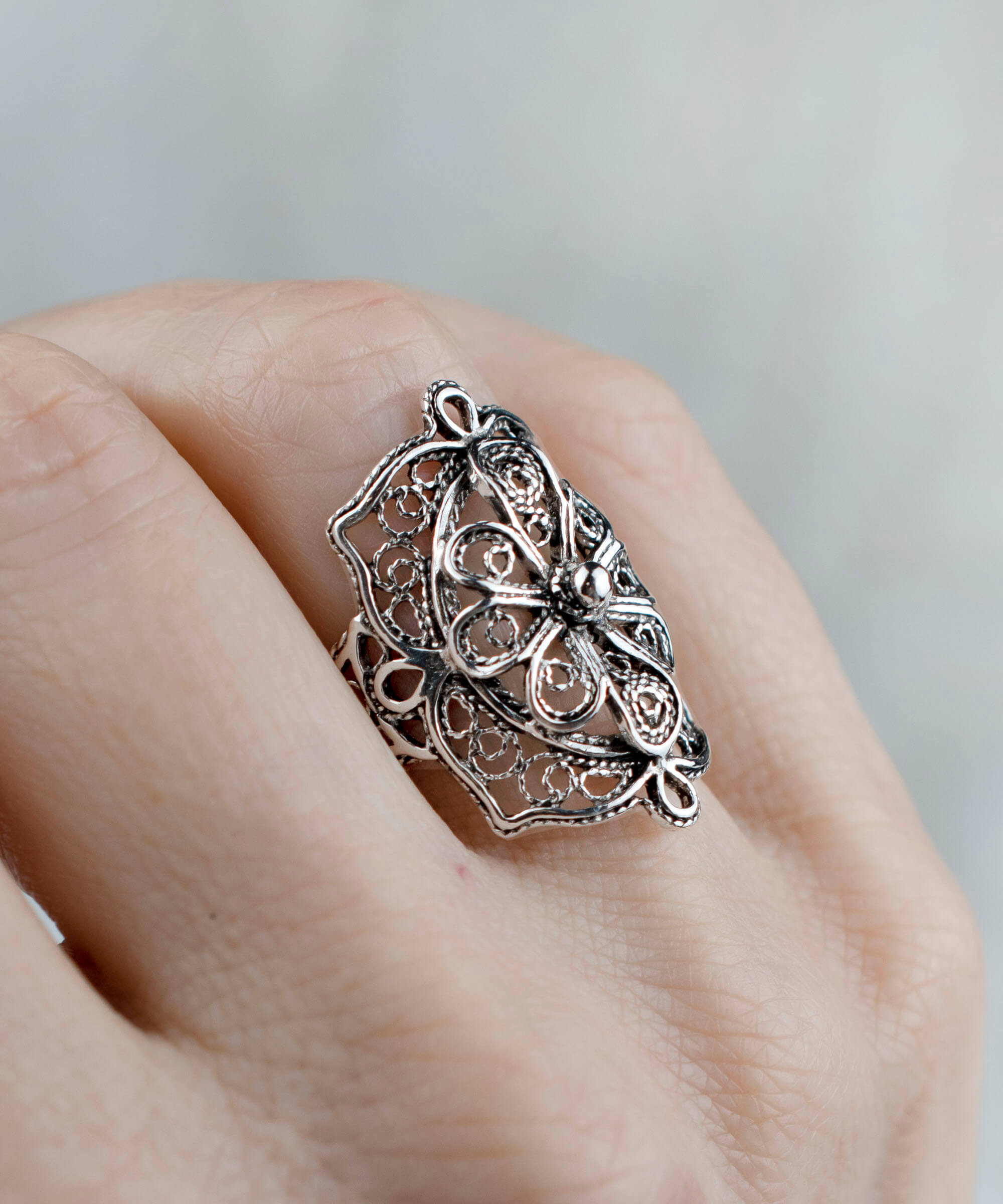 Filigree Art Flower Design Women Silver Statement Ring