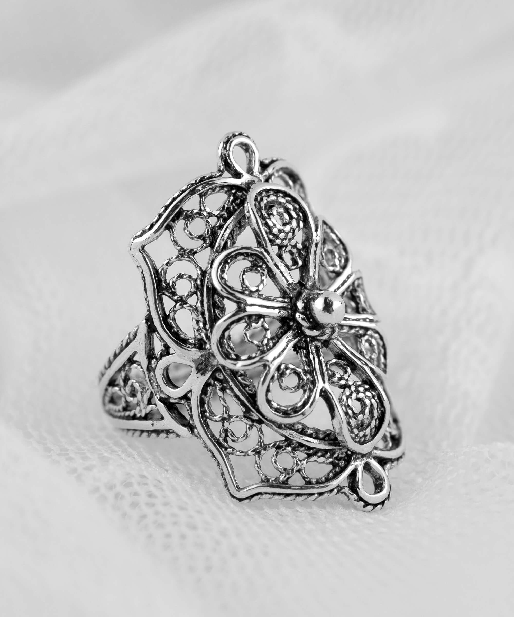 Filigree Art Flower Design Women Silver Statement Ring