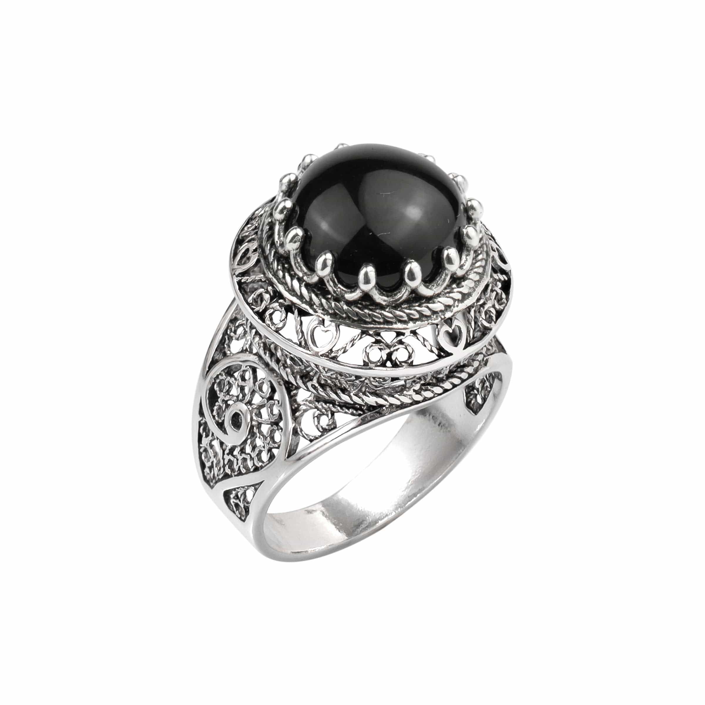 Filigree Art Black Onyx Gemstone Women Silver Dome Ring