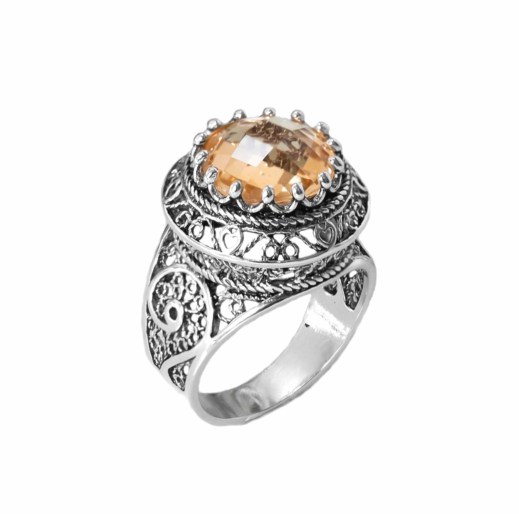 Filigree Art Citrine Gemstone Women Silver Statement Ring