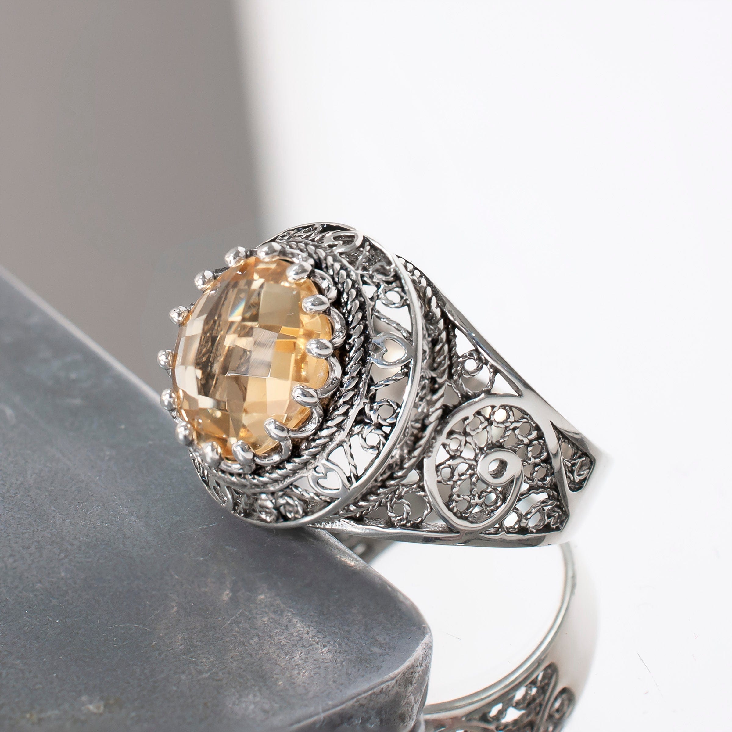 Filigree Art Citrine Gemstone Women Silver Statement Ring