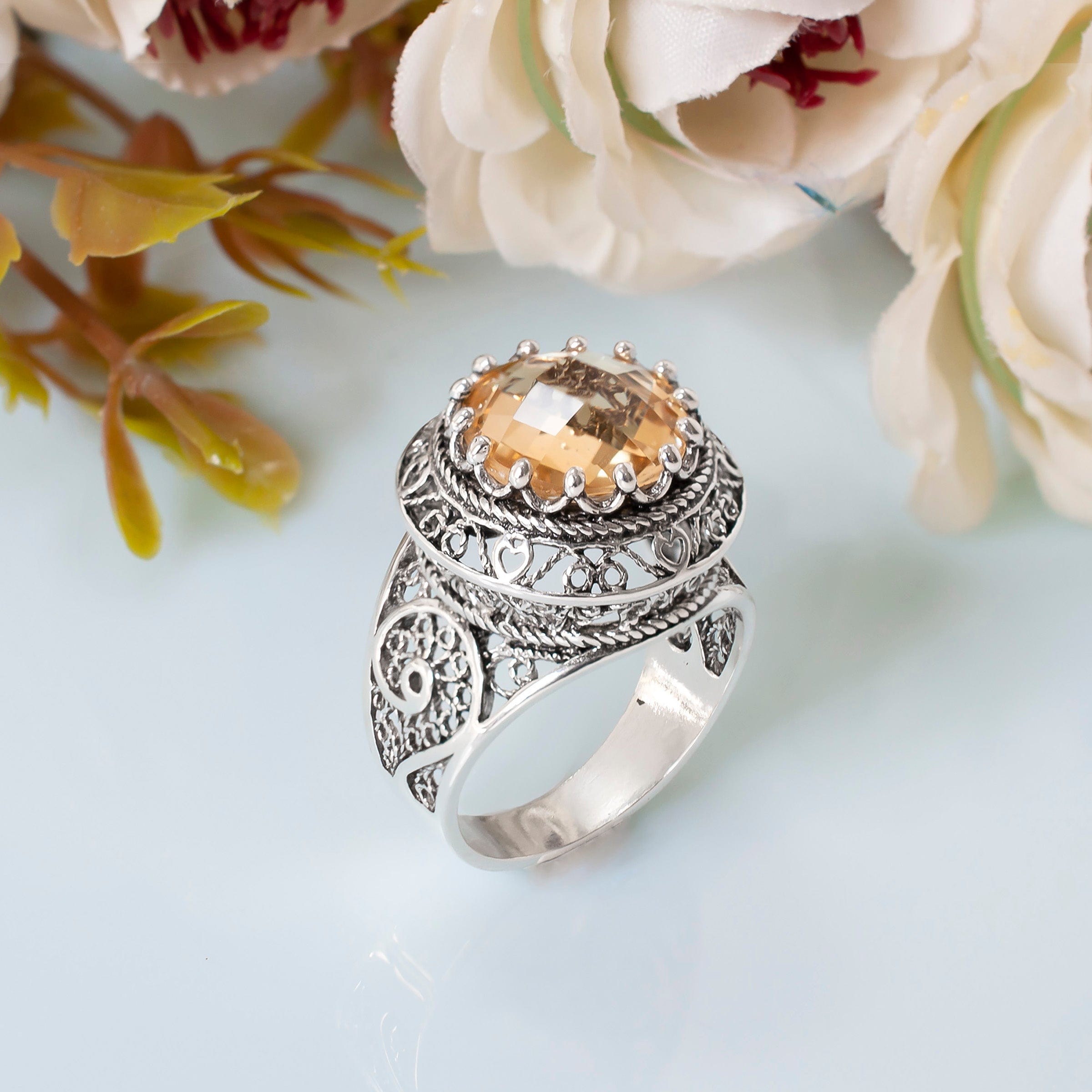 Filigree Art Citrine Gemstone Women Silver Statement Ring