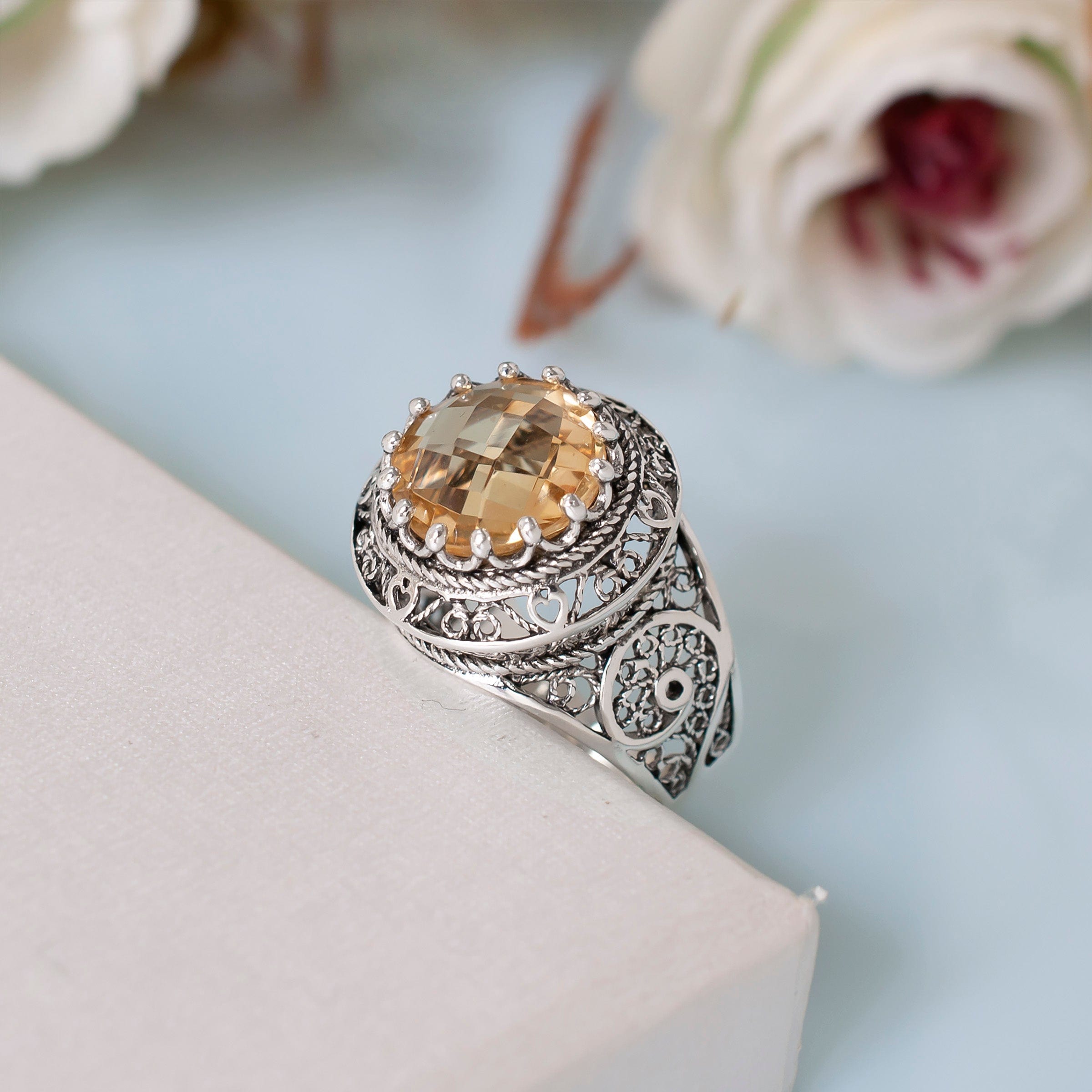 Filigree Art Citrine Gemstone Women Silver Statement Ring