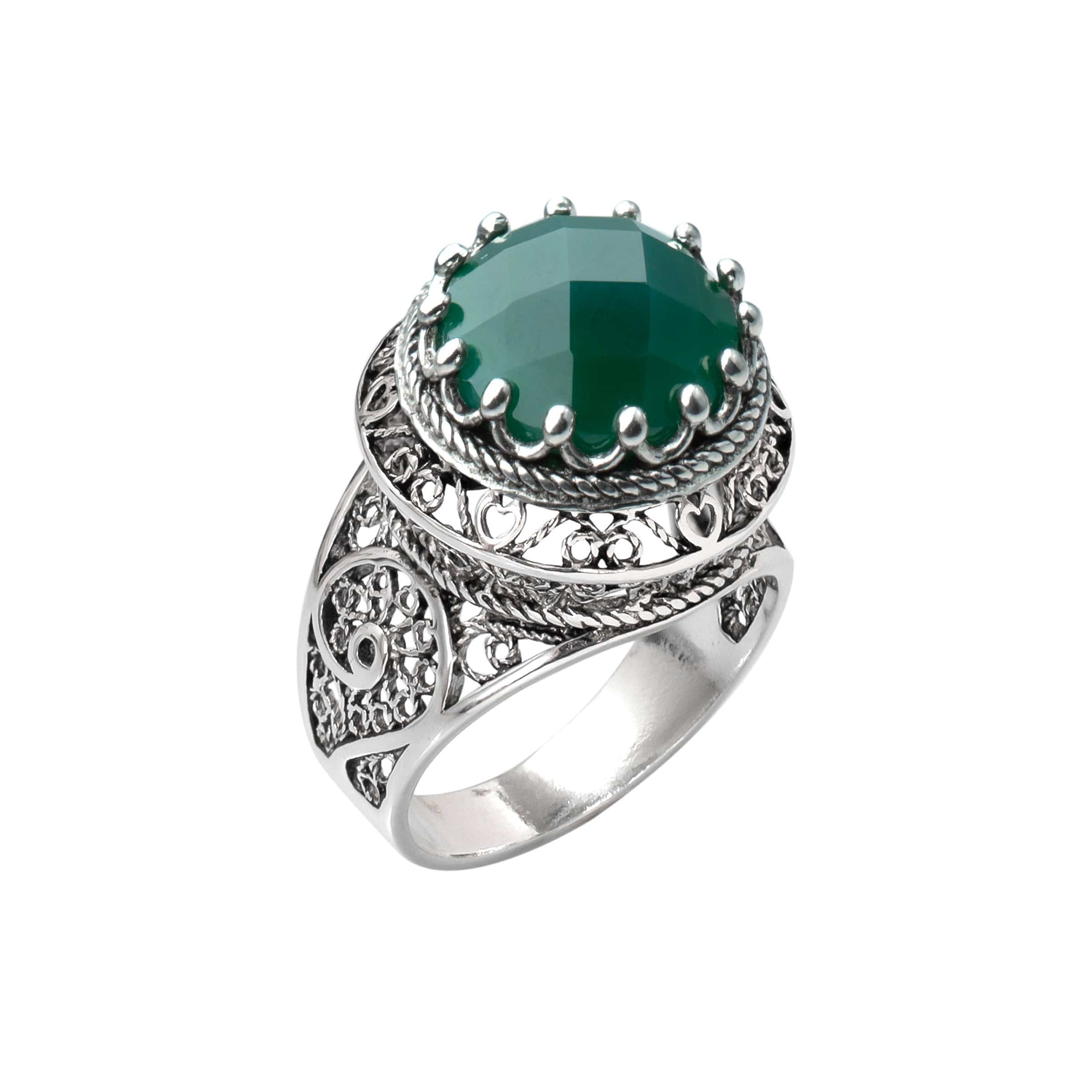 Filigree Art Green Agate Gemstone Women Silver Statement Ring