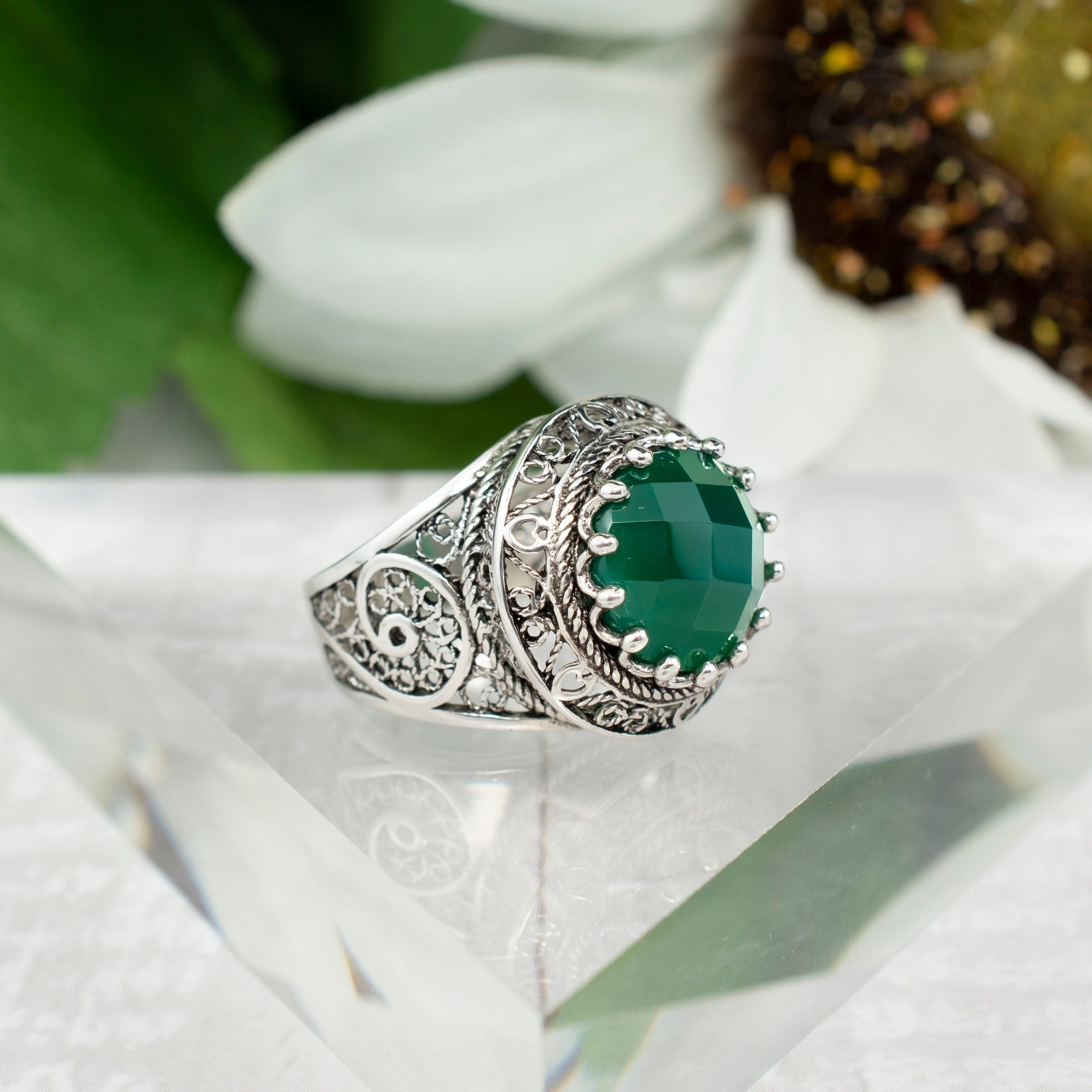 Filigree Art Green Agate Gemstone Women Silver Statement Ring