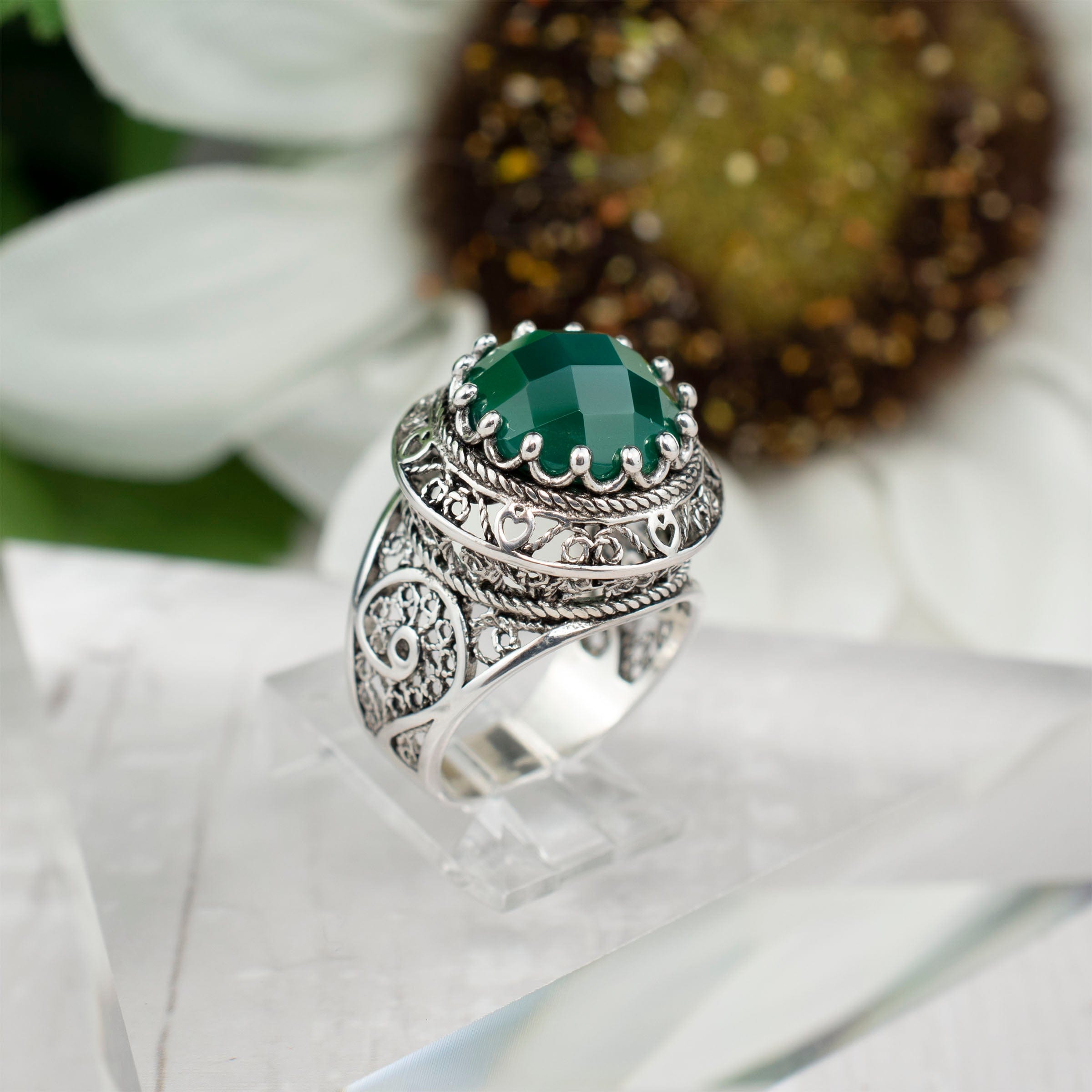 Filigree Art Green Agate Gemstone Women Silver Statement Ring