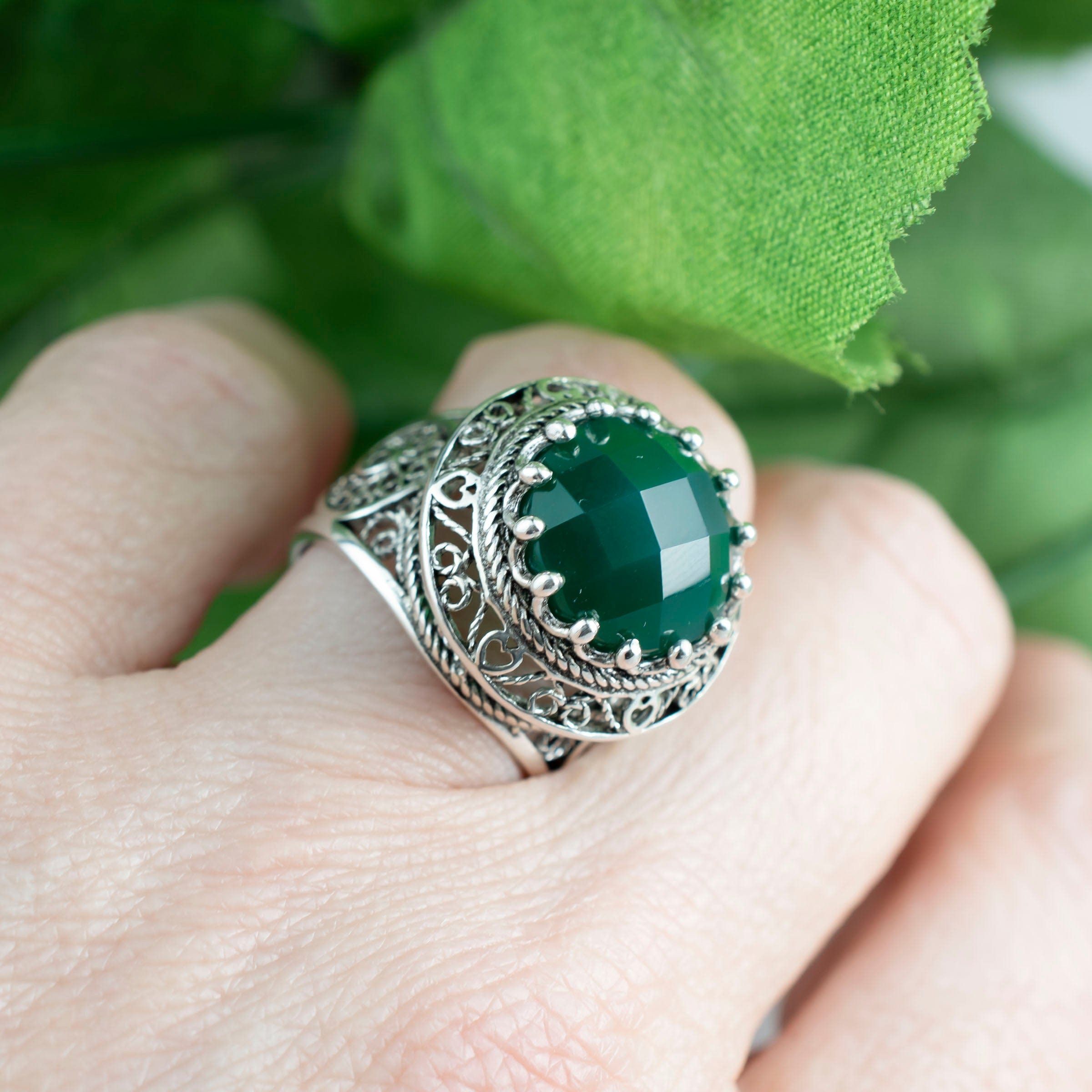 Filigree Art Green Agate Gemstone Women Silver Statement Ring