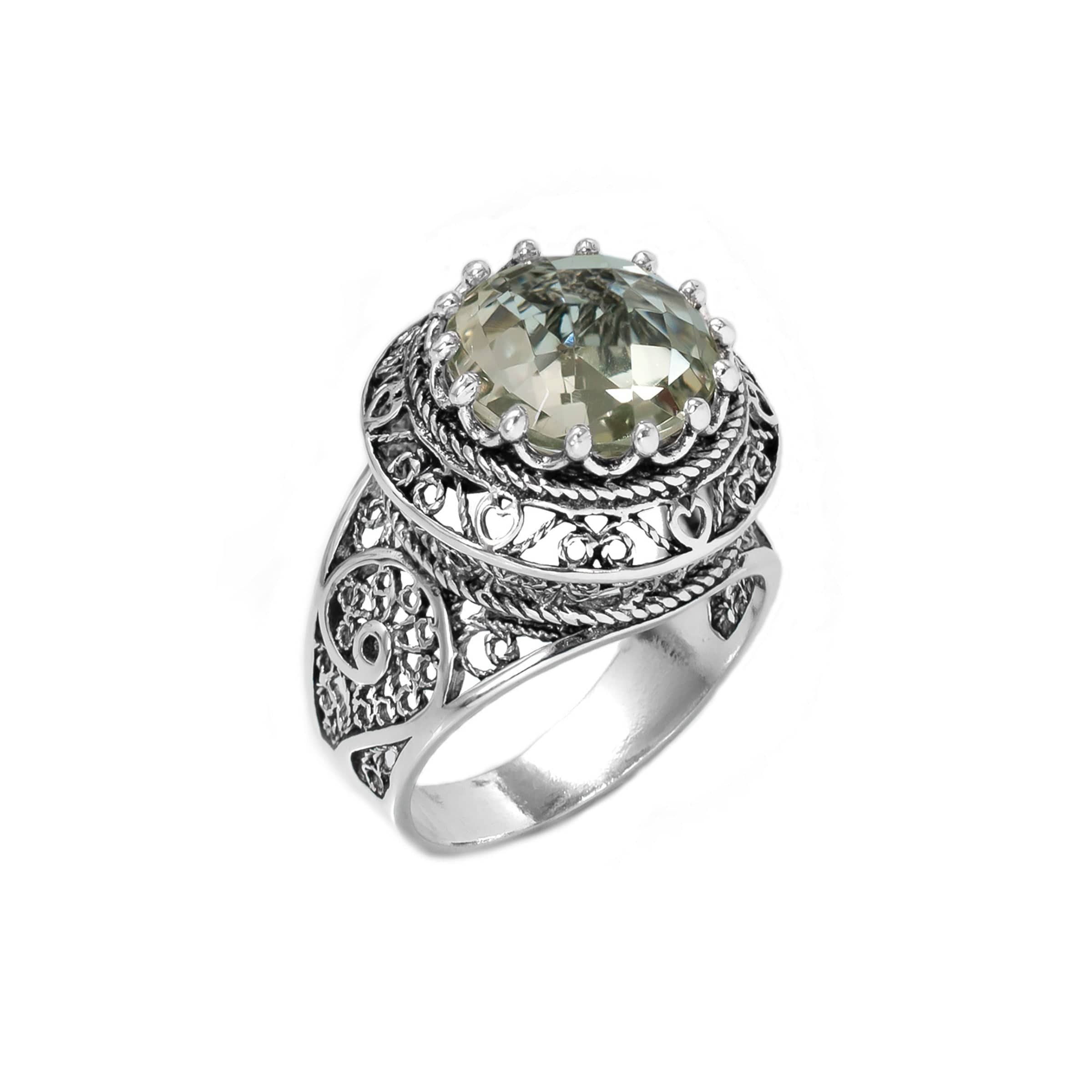 Filigree Art Prasiolite Gemstone Women Silver Statement Ring