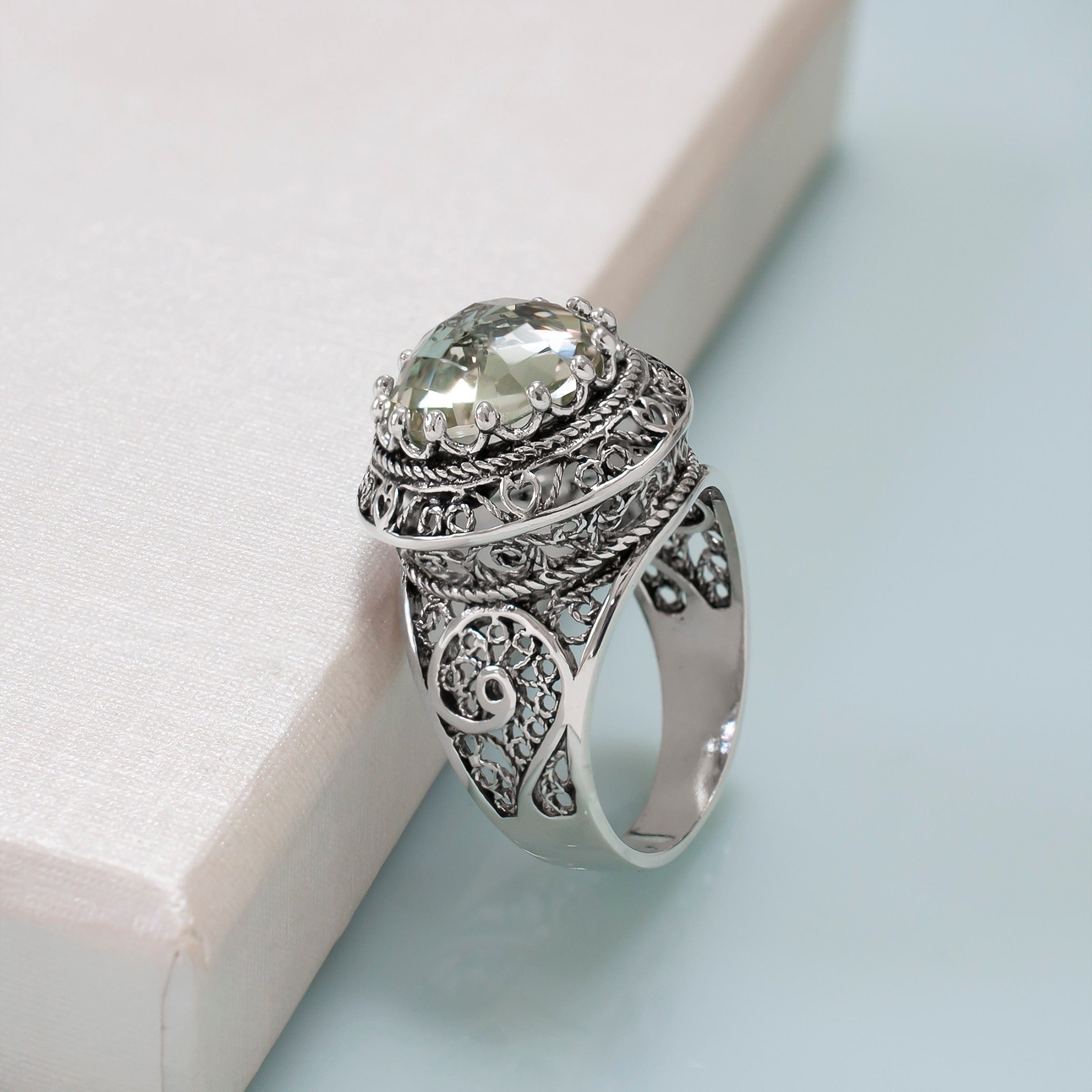 Filigree Art Prasiolite Gemstone Women Silver Statement Ring