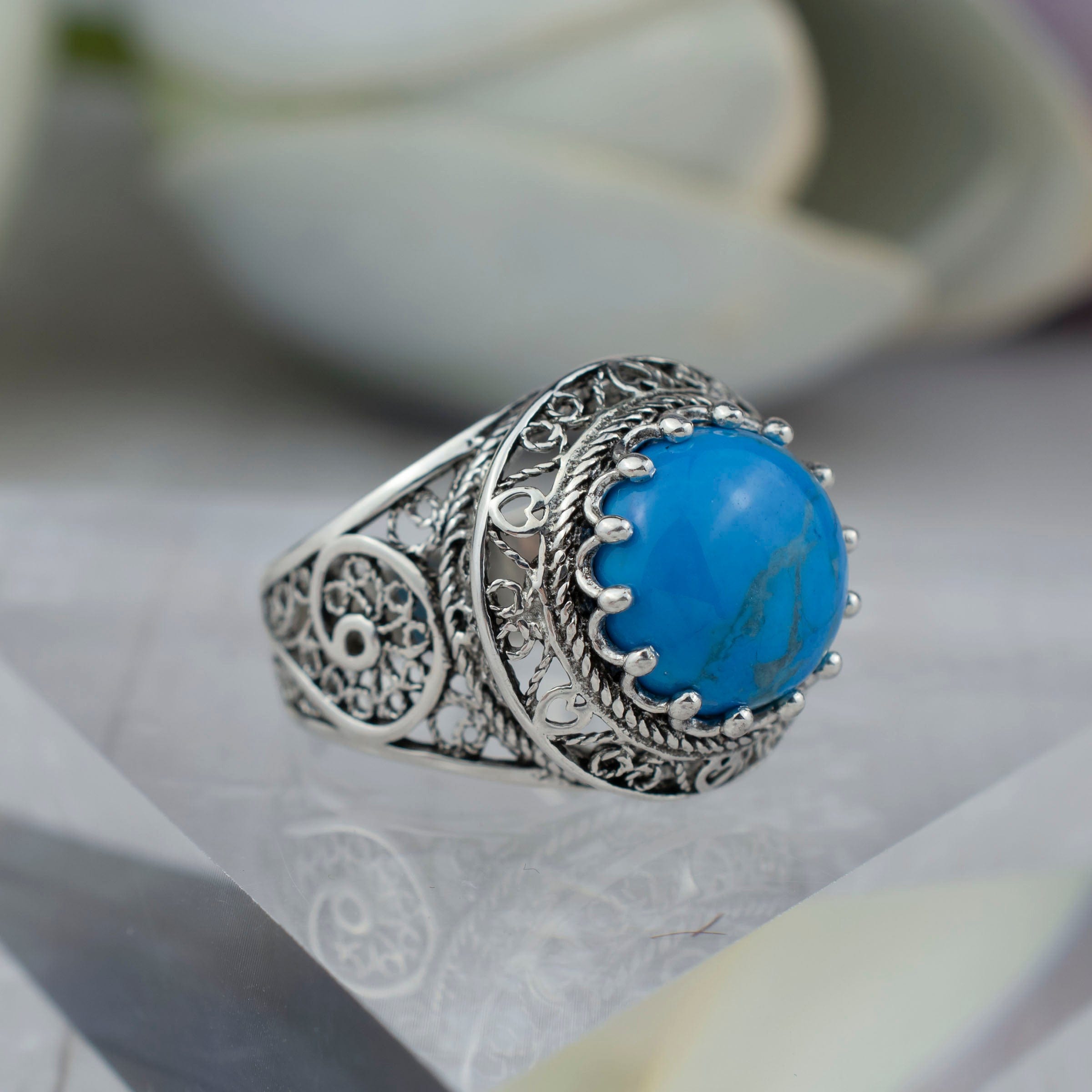 Filigree Art Turquoise Stone Women Silver Statement Ring