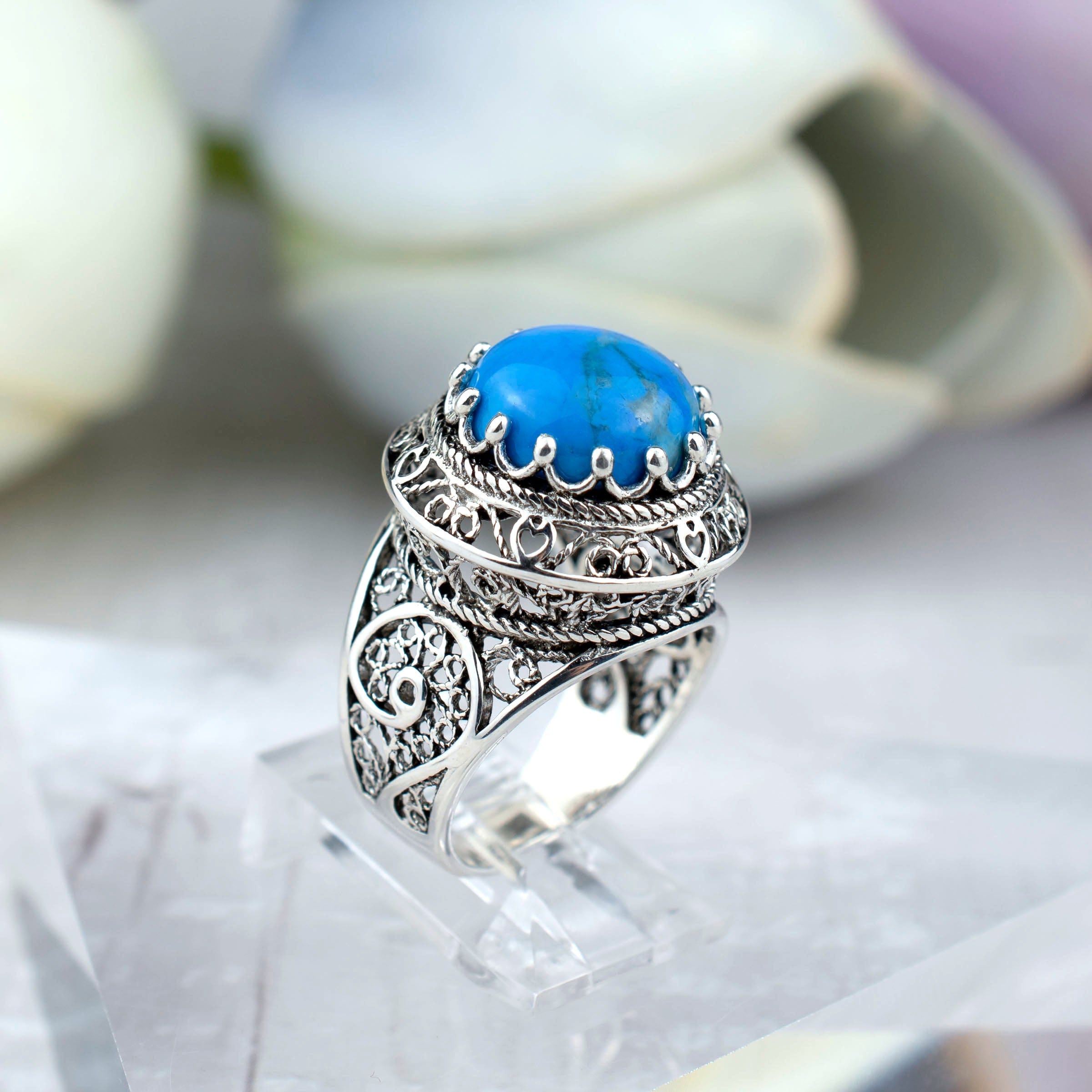 Filigree Art Turquoise Stone Women Silver Statement Ring