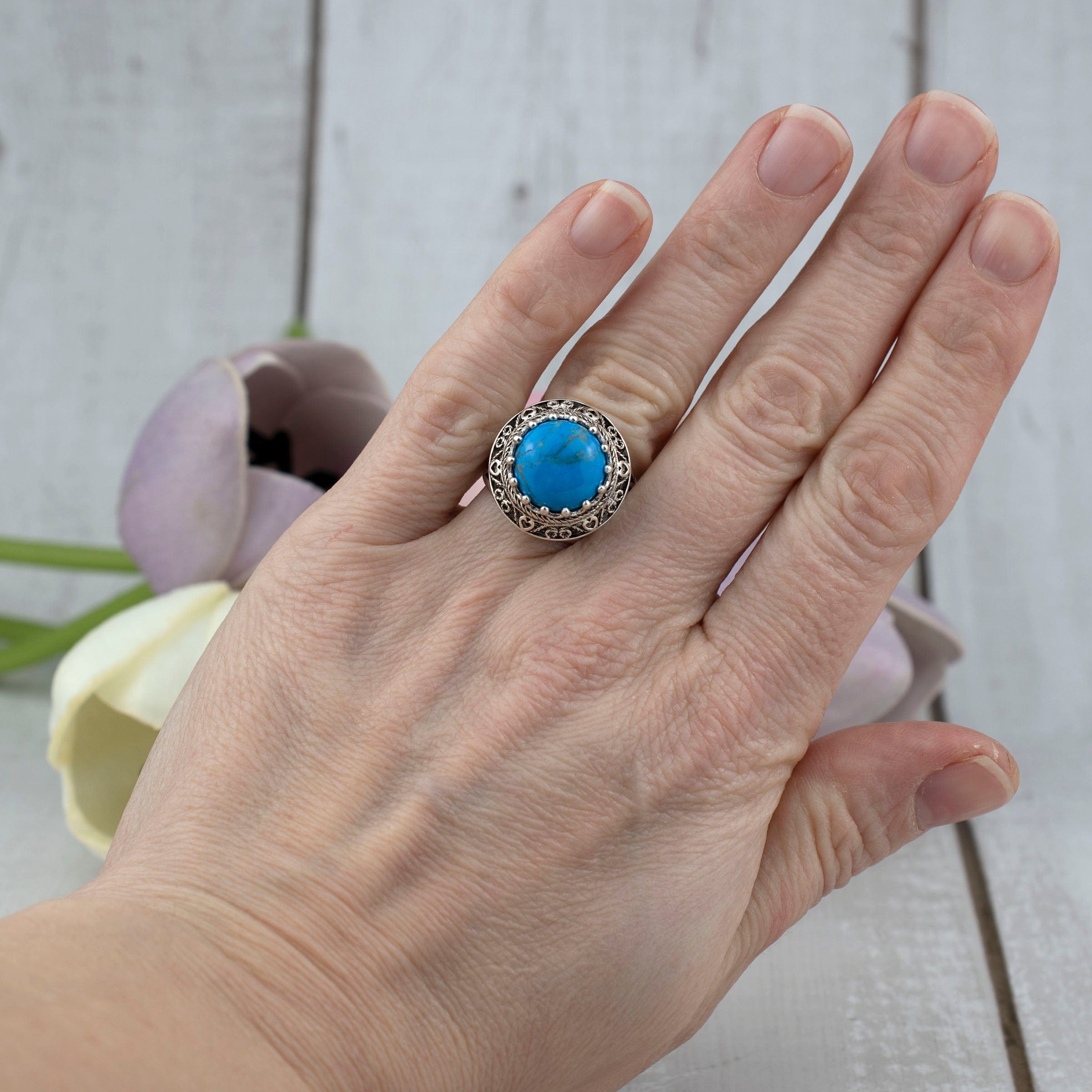 Filigree Art Turquoise Stone Women Silver Statement Ring