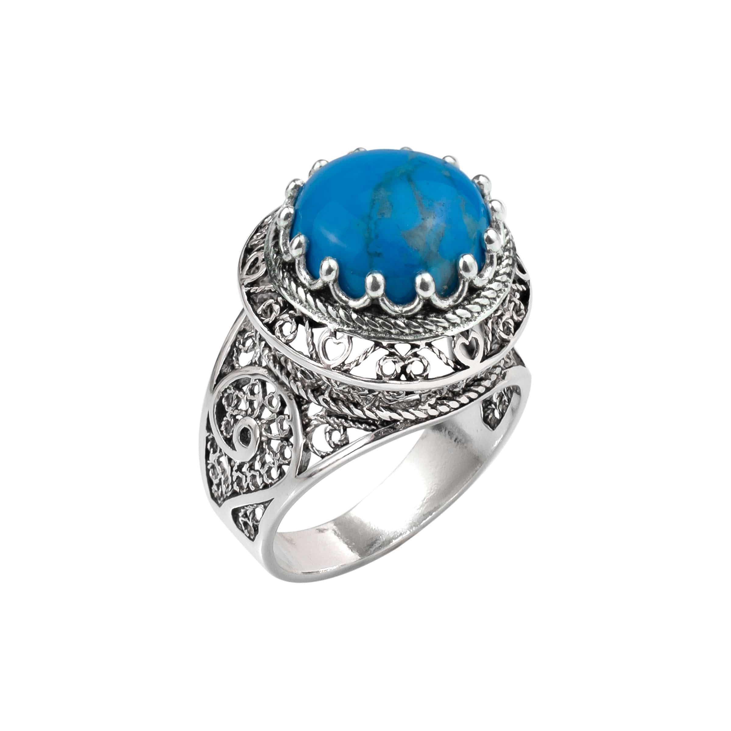 Filigree Art Turquoise Stone Women Silver Statement Ring