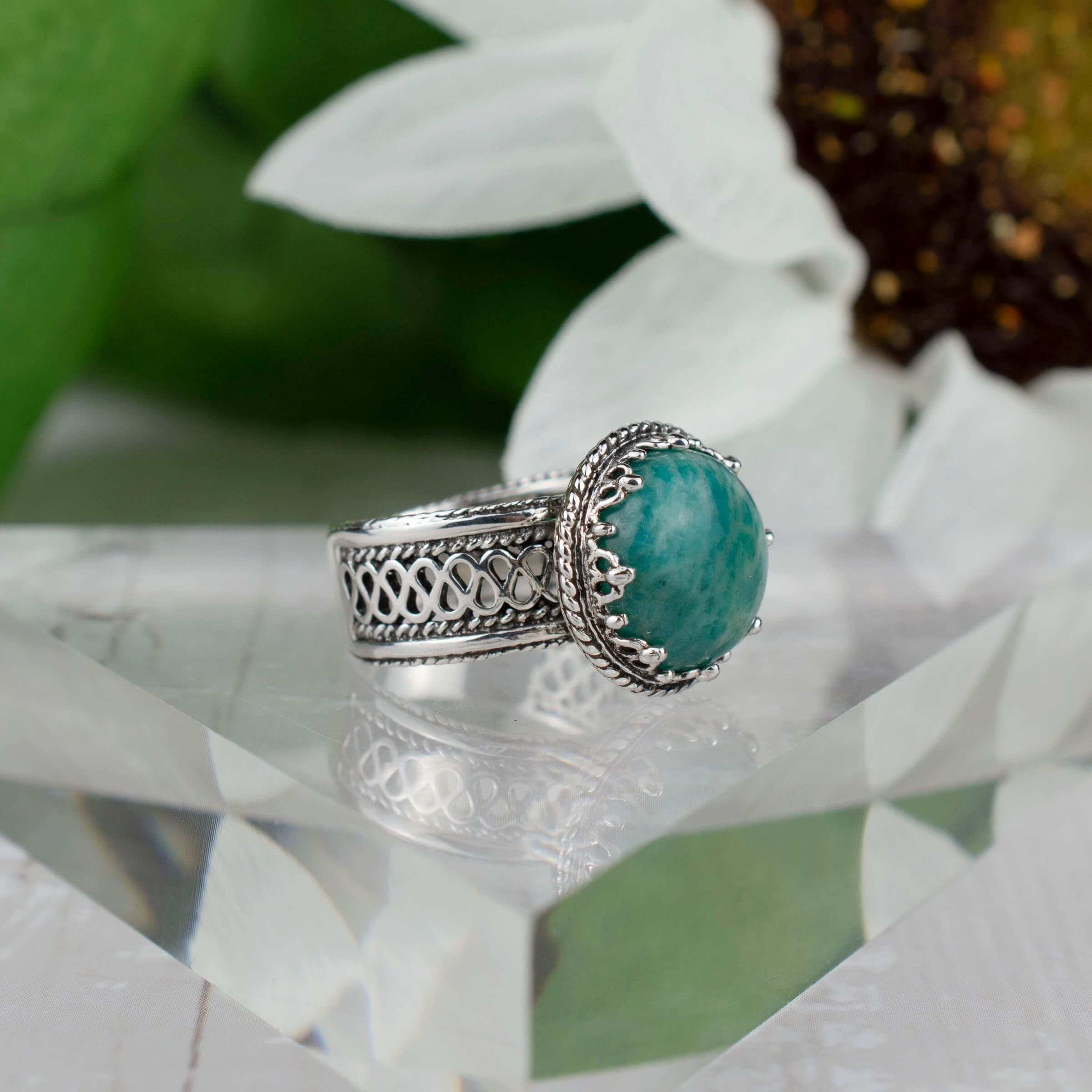 Filigree Art Amazonite Gemstone Women Silver Cocktail Ring