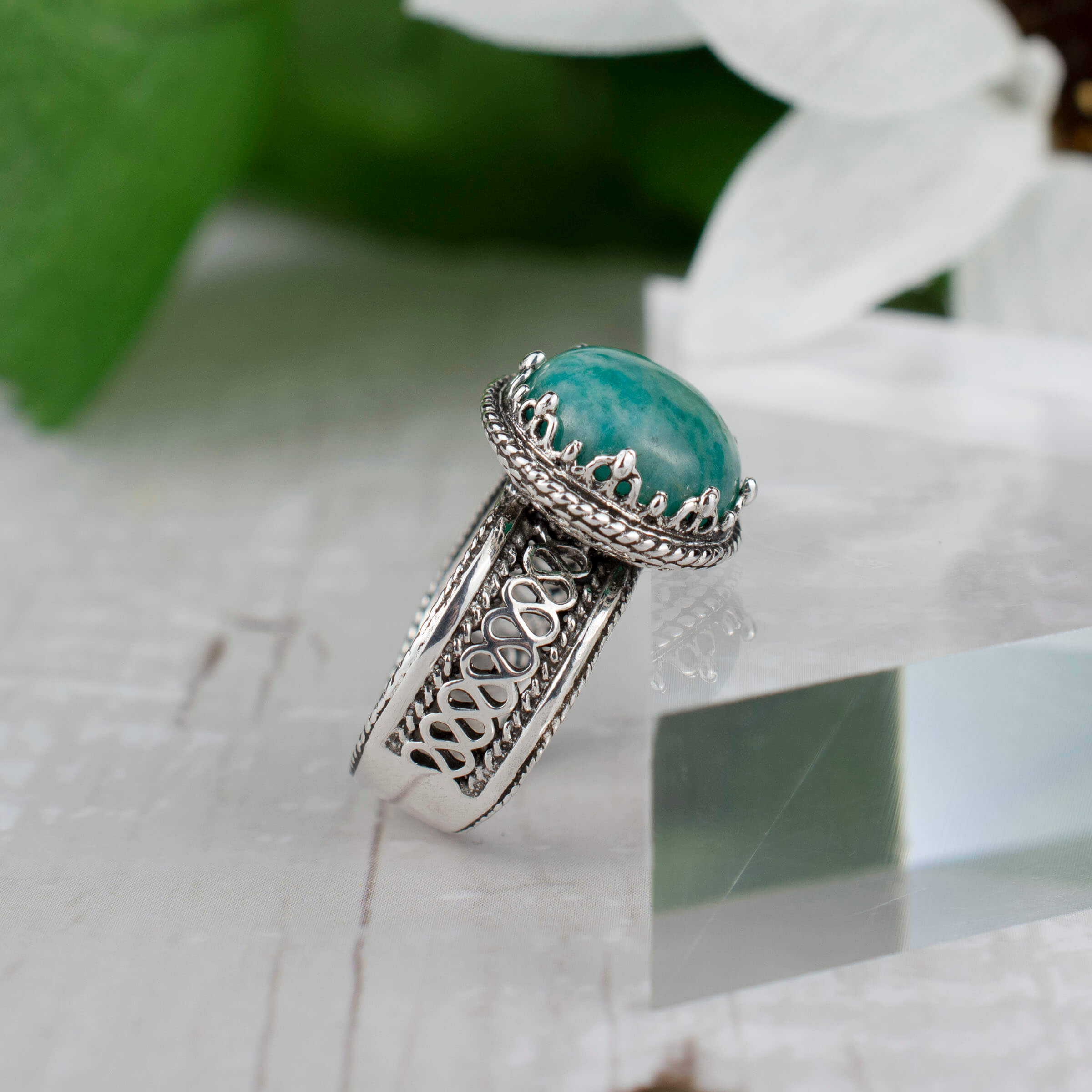 Filigree Art Amazonite Gemstone Women Silver Cocktail Ring