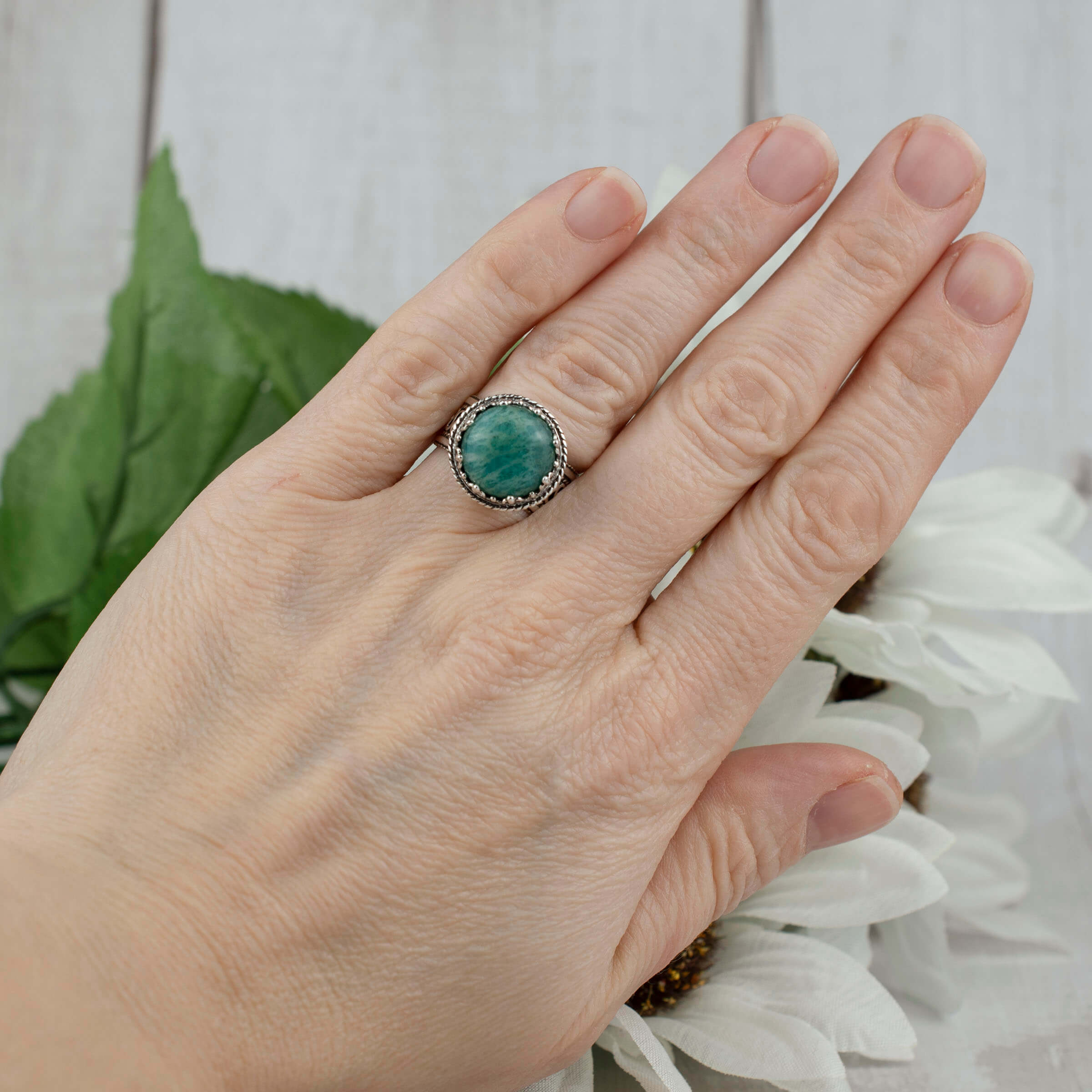 Filigree Art Amazonite Gemstone Women Silver Cocktail Ring