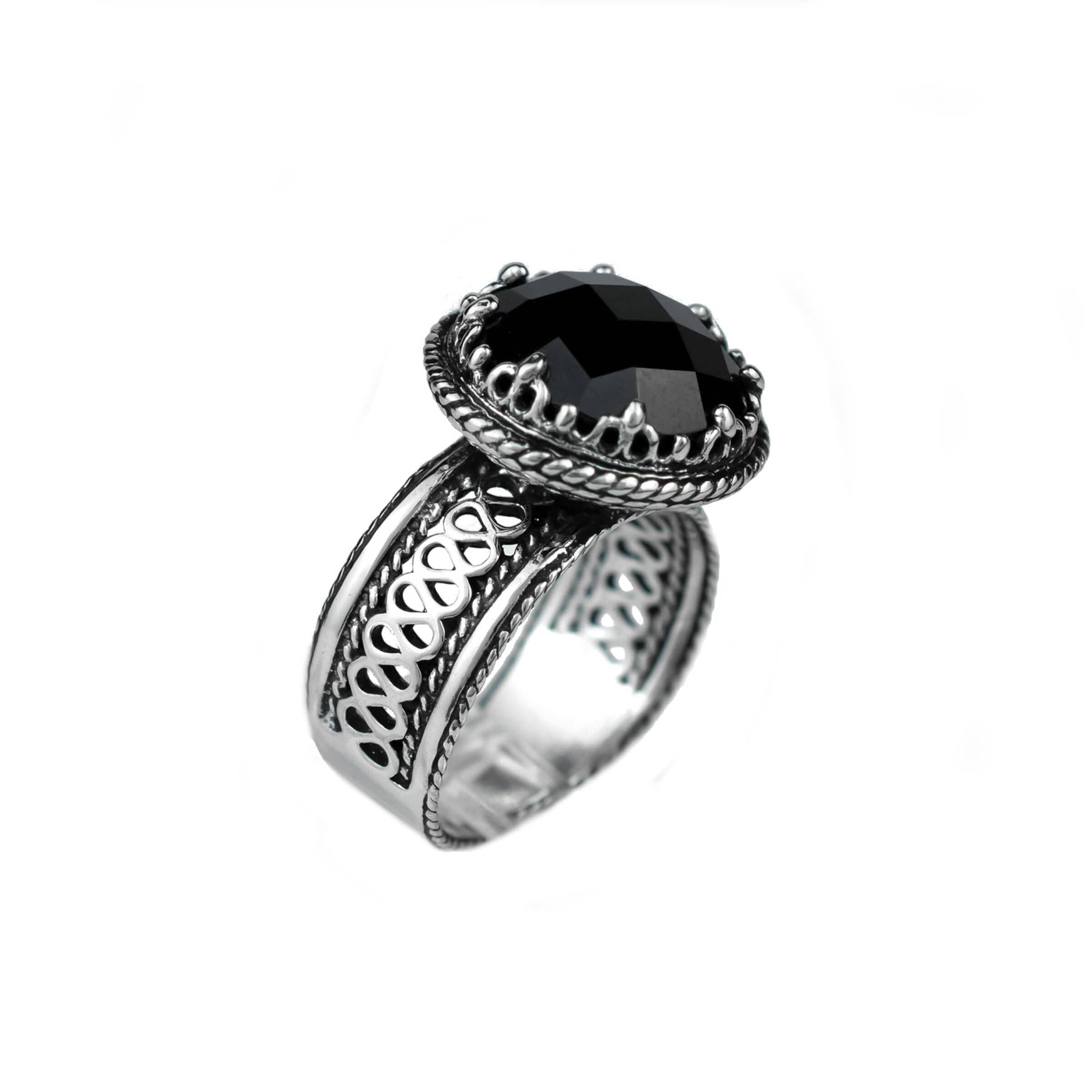 Filigree Art Black Onyx Gemstone Women Silver Cocktail Ring