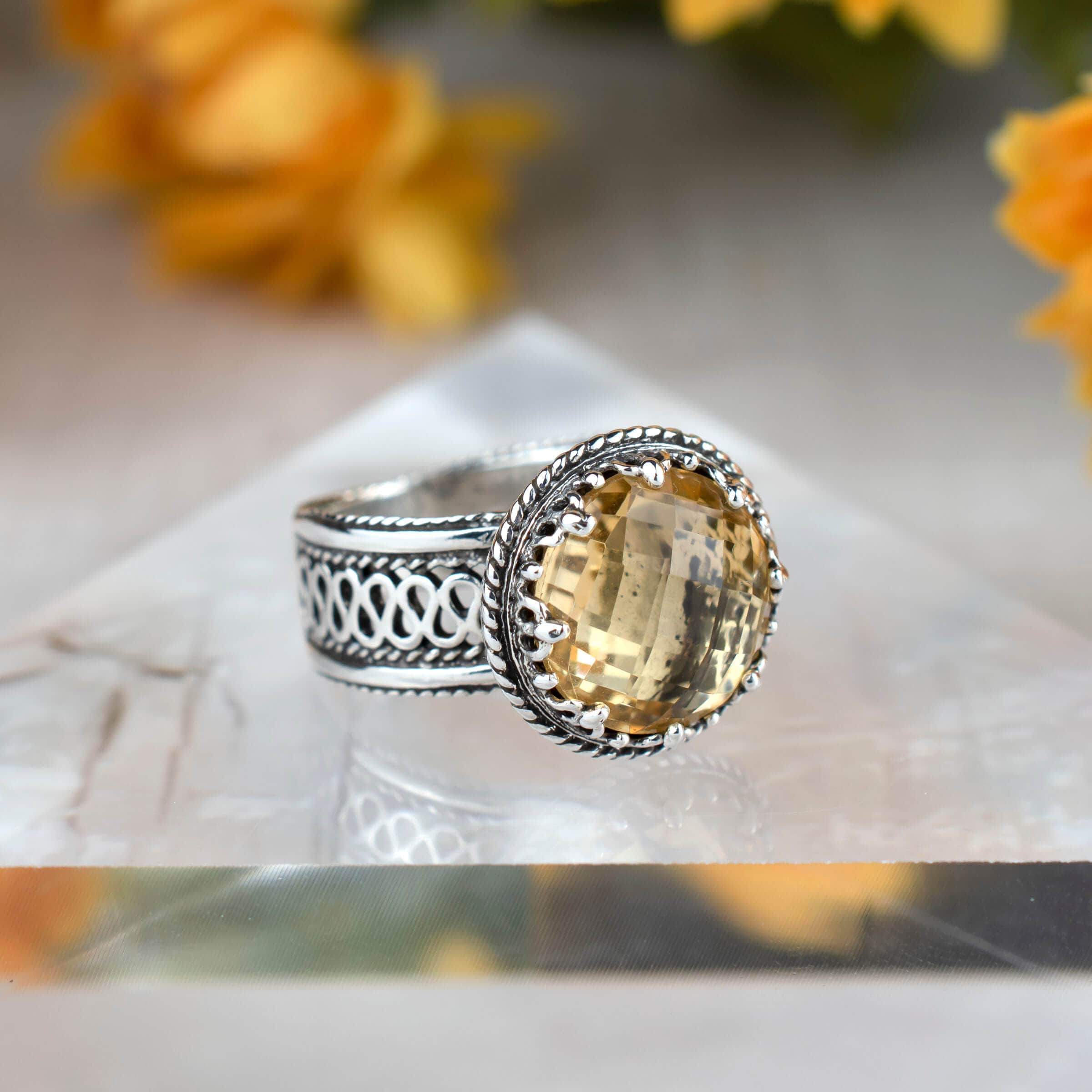 Filigree Art Citrine Gemstone Women Silver Cocktail Ring