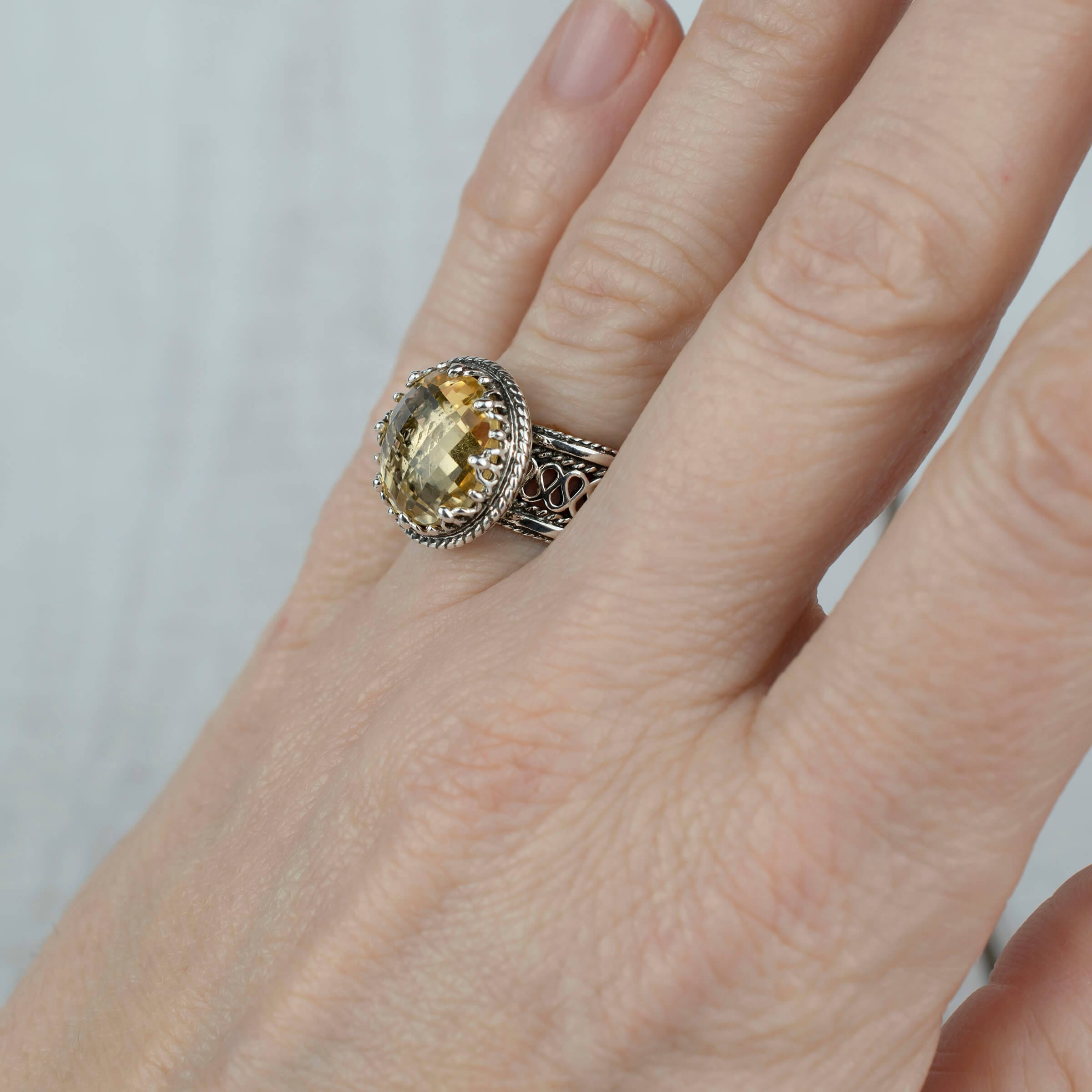 Filigree Art Citrine Gemstone Women Silver Cocktail Ring