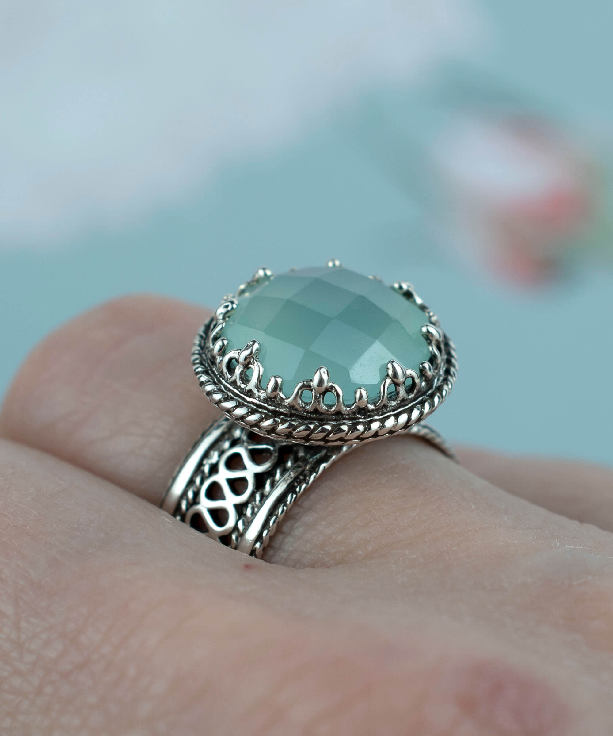 Filigree Art Aqua Chalcedony Gemstone Women Silver Cocktail Ring