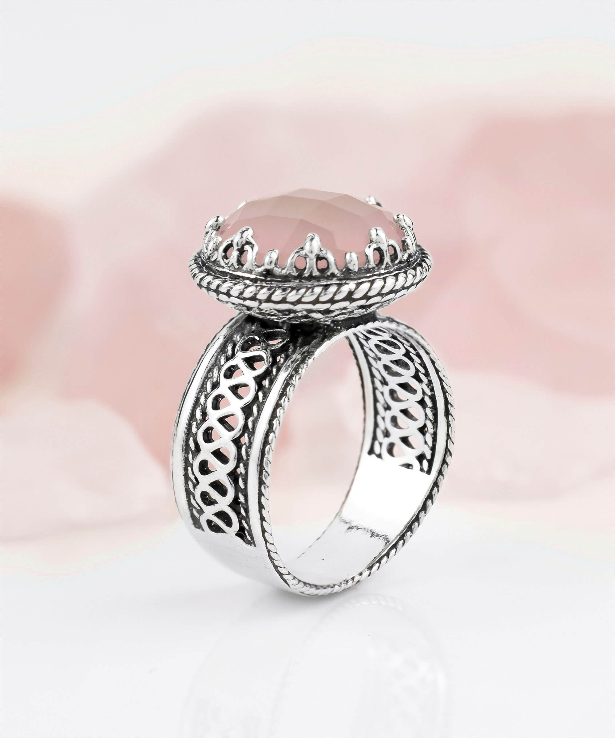 Filigree Art Pink Chalcedony Gemstone Women Silver Cocktail Ring