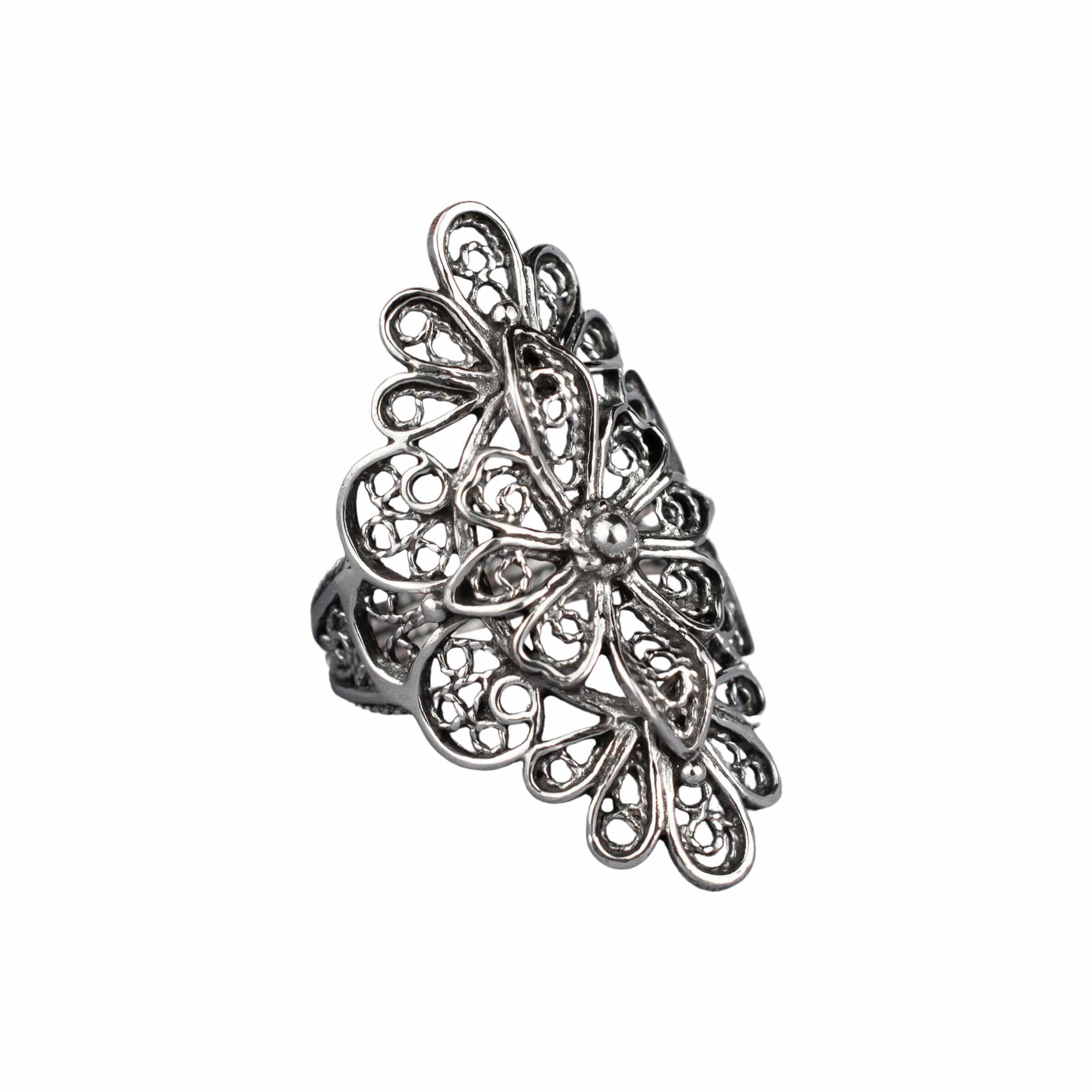 Filigree Art Lace Embroidery Women Silver Statement Ring