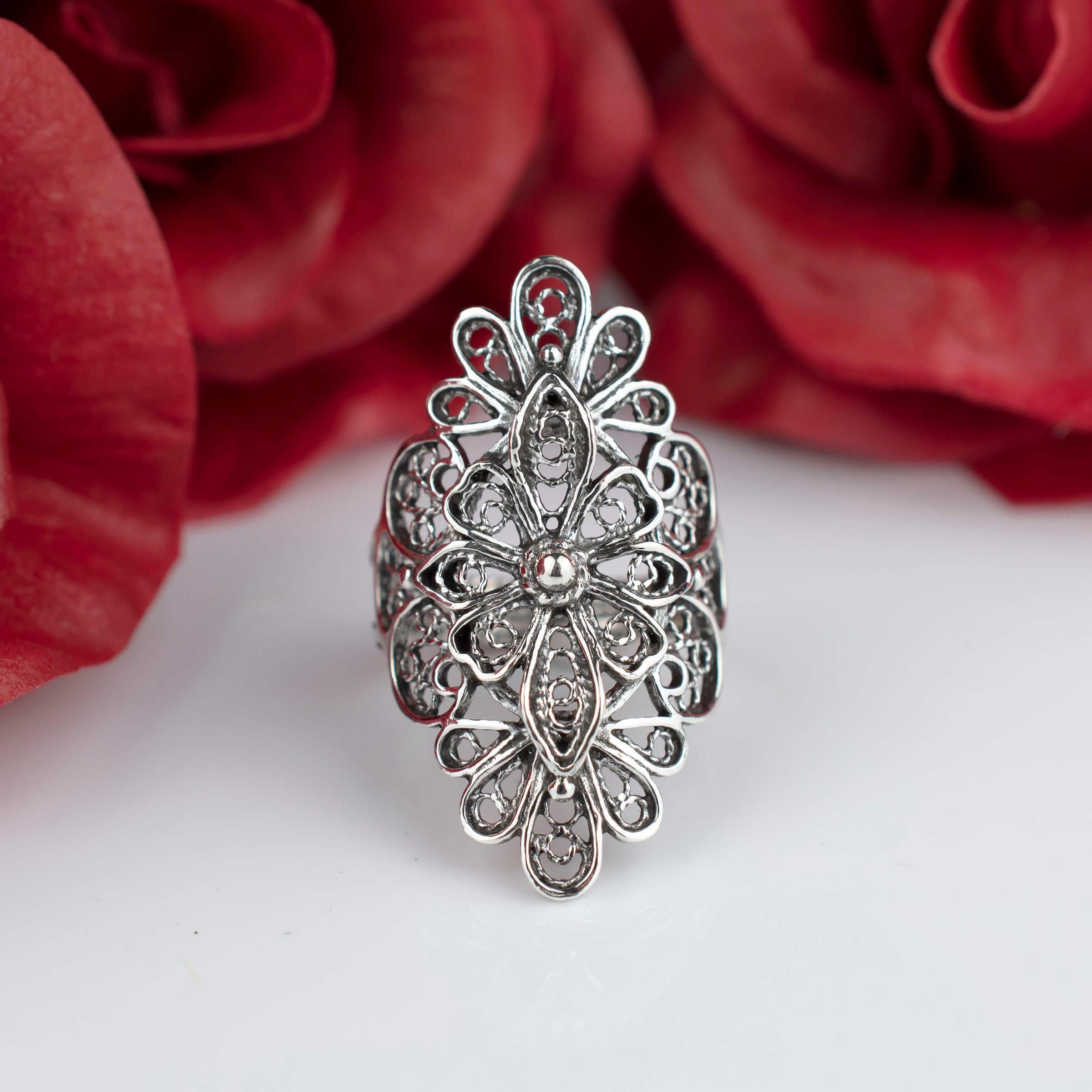 Filigree Art Lace Embroidery Women Silver Statement Ring