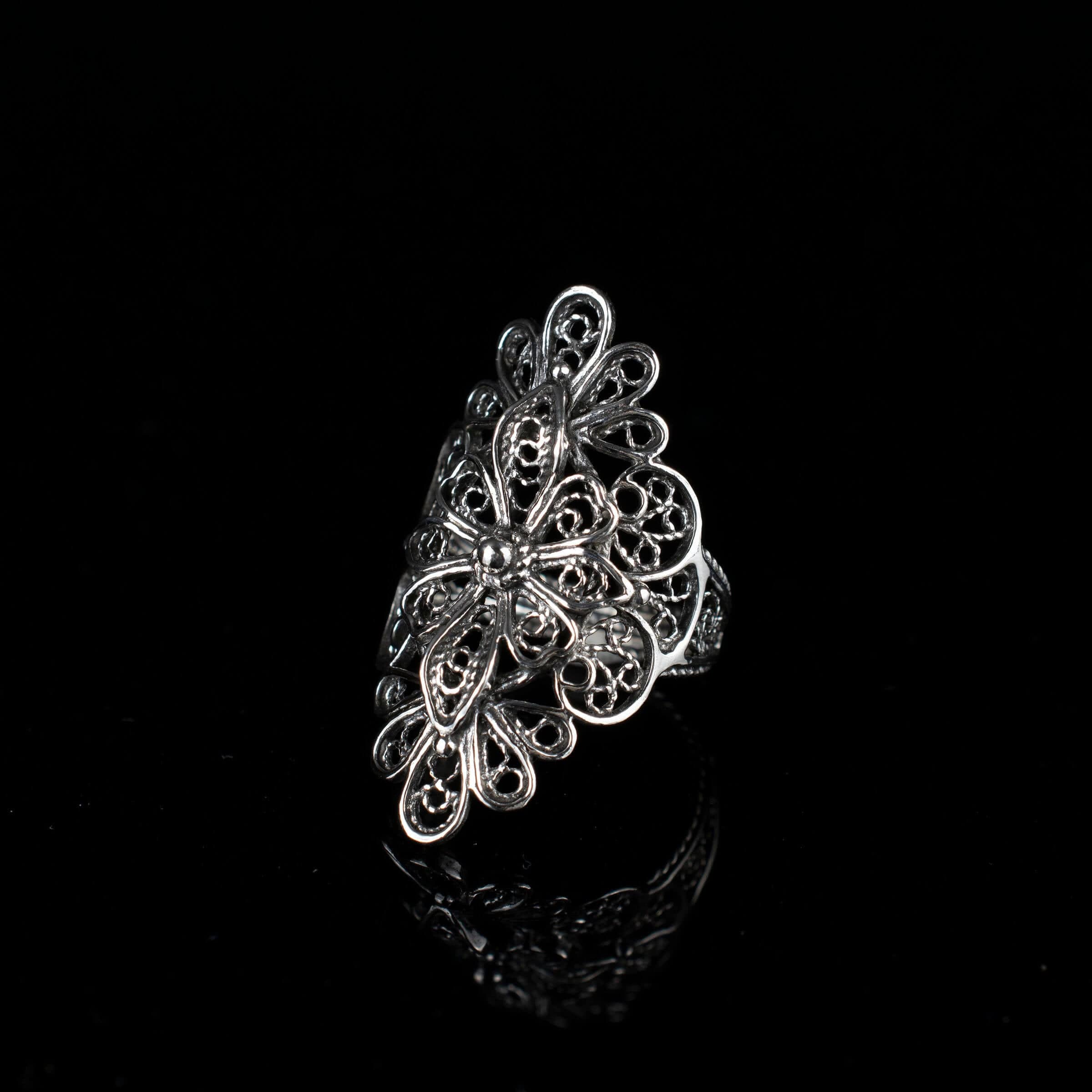 Filigree Art Lace Embroidery Women Silver Statement Ring