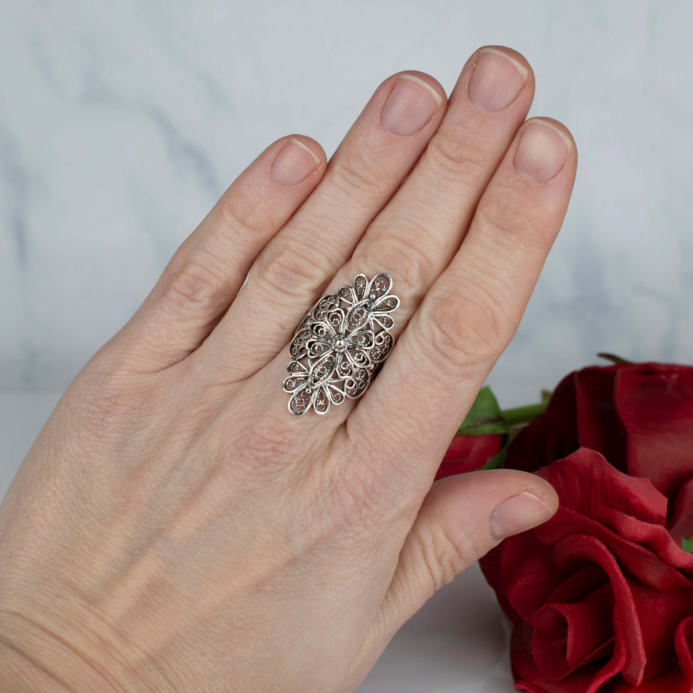 Filigree Art Lace Embroidery Women Silver Statement Ring